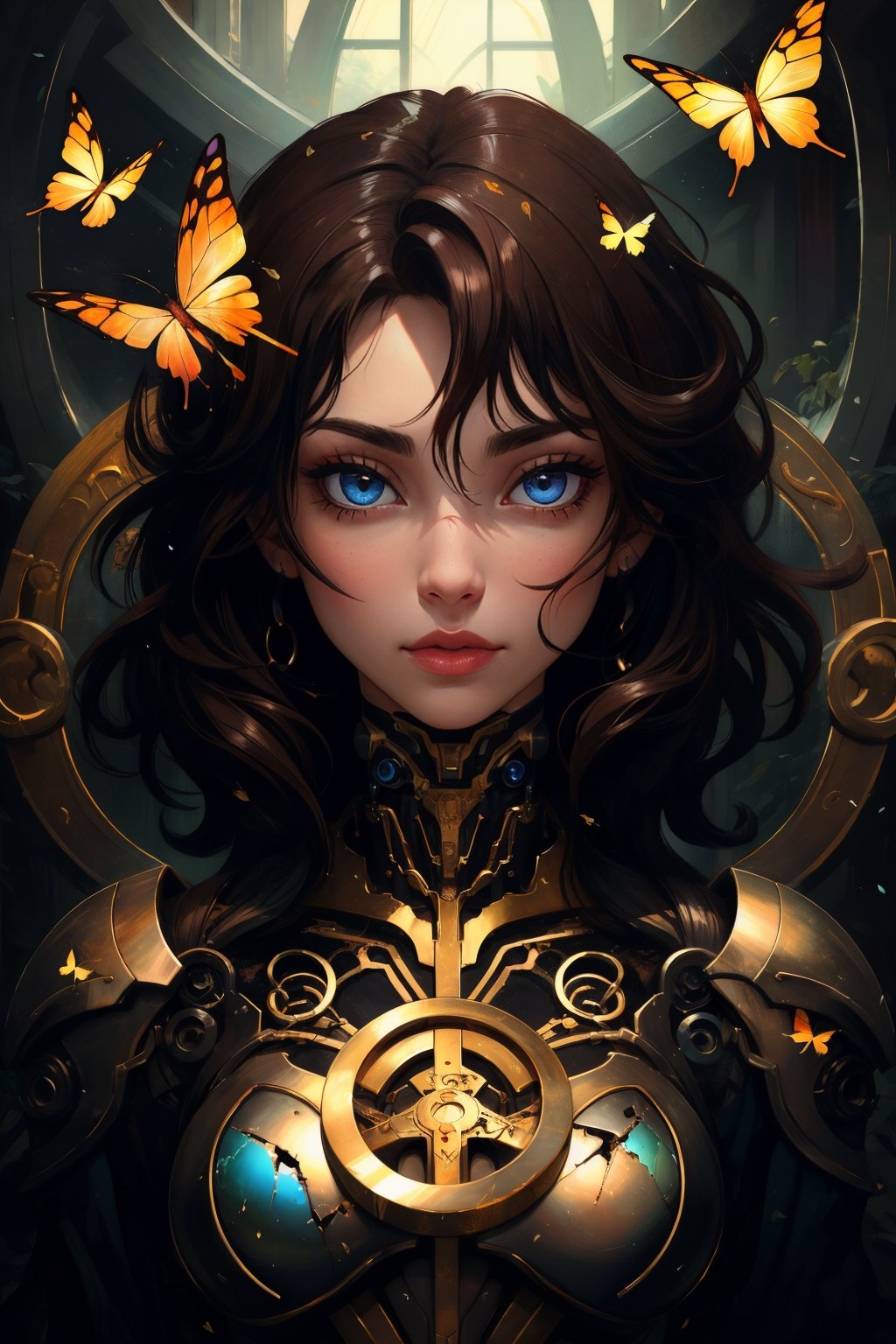 8k portrait of beautiful cyborg with brown hair, intricate, elegant, highly detailed, majestic, digital photography, art by artgerm and ruan jia and greg rutkowski surreal painting gold butterfly filigree, broken glass, (masterpiece, sidelighting, finely detailed beautiful eyes: 1.2), hdr, (detailed background window to a new dimension, plants and flowers:0.7)  infinity, infinite symbol,fantchar