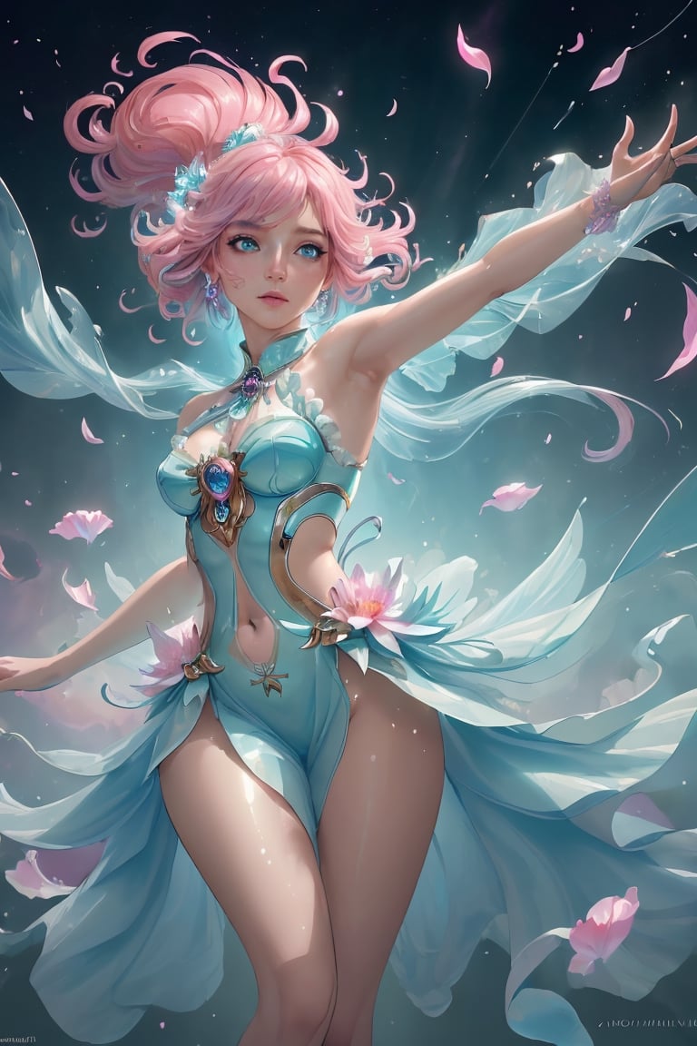 (masterpiece,best quality:1.2),Beatiful steam-like sensual woman with aquamarine and pink flowy hair and body resembling steam, work of beauty and complexity,  ghostcore, prismatic glow elements, fluidity, detailed face, 8k UHD ,A girl dancing,  alberto seveso style, flower petals flying with the wind,Sci-fi ,