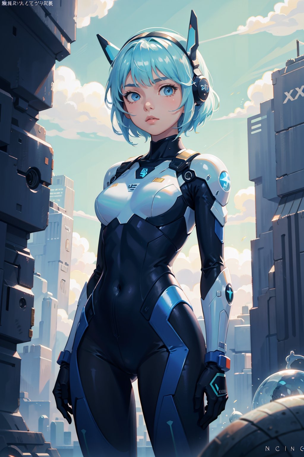 (masterpiece), science fiction, scenery,  1girl, short hair, bangs, aqua hair color, light blue eyes, mecha headgear, sci-fi bodysuits, 