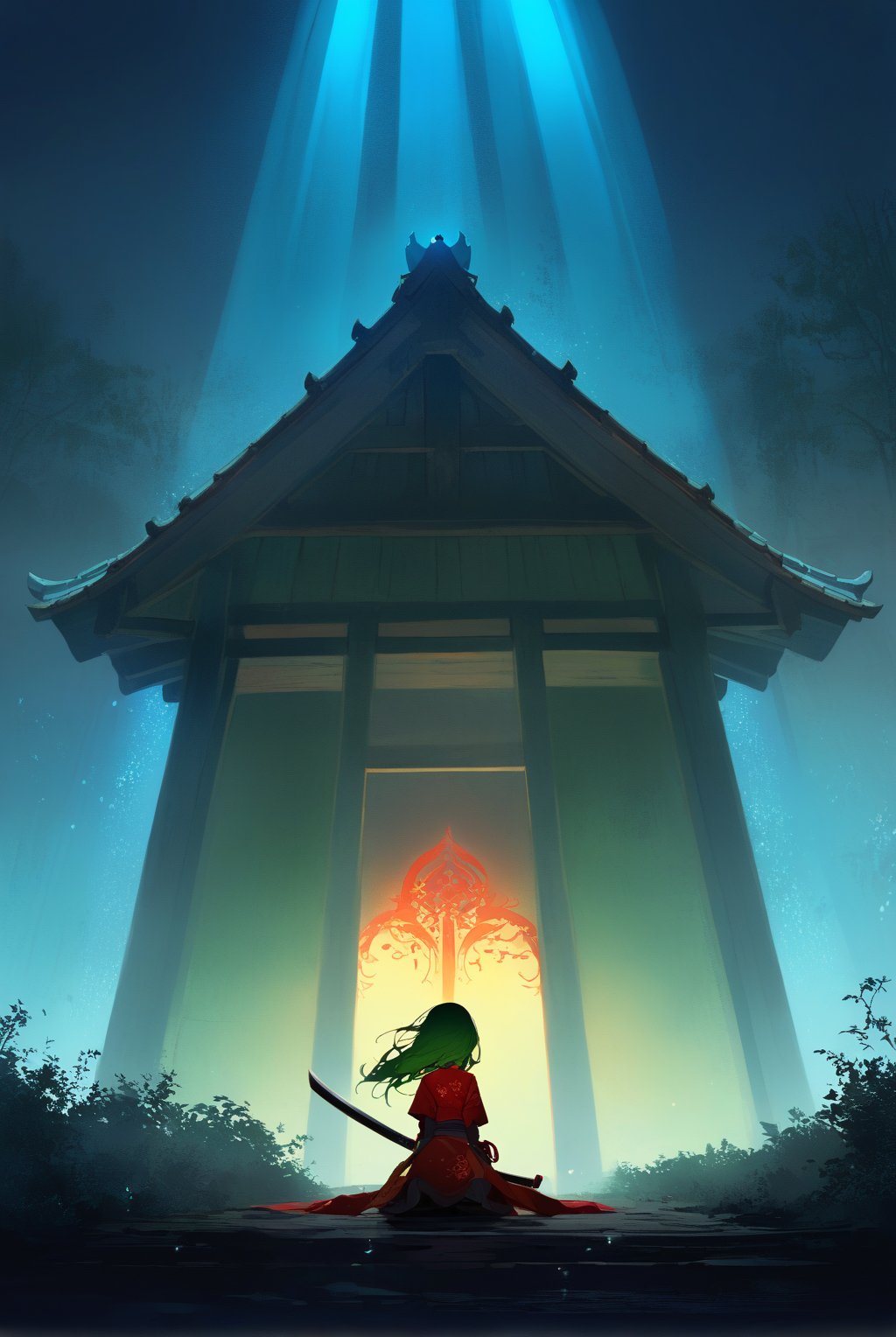 A captivating and enigmatic digital illustration features a shadowy figure, seemingly a warrior or samurai girl, kneeling amidst a dimly lit, foggy field. green hair, medium hair, red eyes, concealing their identity. Their hand grips a magnificent sword with intricate engravings that emit a mesmerizing, fiery red aura. The background reveals a traditional, architectural structure—possibly a temple or shrine—bathed in the soft glow of floating embers or fireflies. The composition by Hans Darias exudes an eerie atmosphere, skillfully blending warm and cool tones to evoke a palpable sense of tension and expectation.,ichika