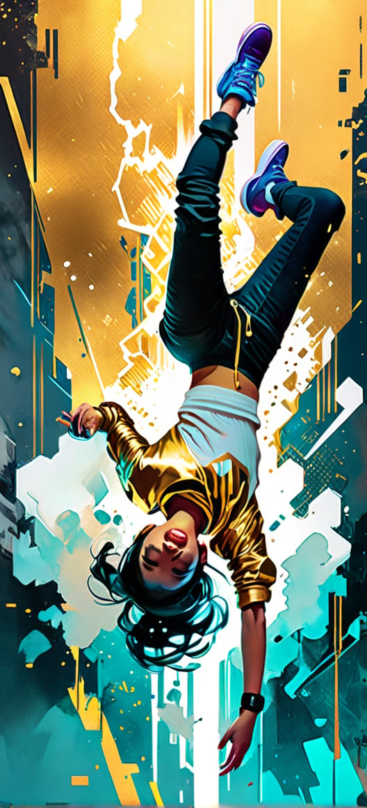 Break dancing girl, upside down, urban Comics, gold ornaments, Marvel, sci fi, highly technology, iconographic, glitch background, , watercolor, ink, mist, interactive image, highly detailed, art style by Clayton Crain + Ross Tran + Rachel Walpole + Jeszika Le Vye + Dan Volbert + Simon Stalenhag + Brian Stelfreeze