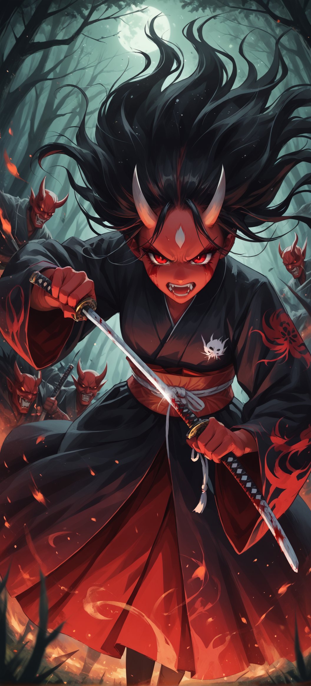 (ethereal dark fairy tale by Tim Sale), young anime girl fight stance in a dark forest holding sheath of a bloody katana, dark red kimono, chrysanthemum floral décoration, (dark + gothic, + foreboding background:1.4), more detail XL,Oni, Demon,Red Mask