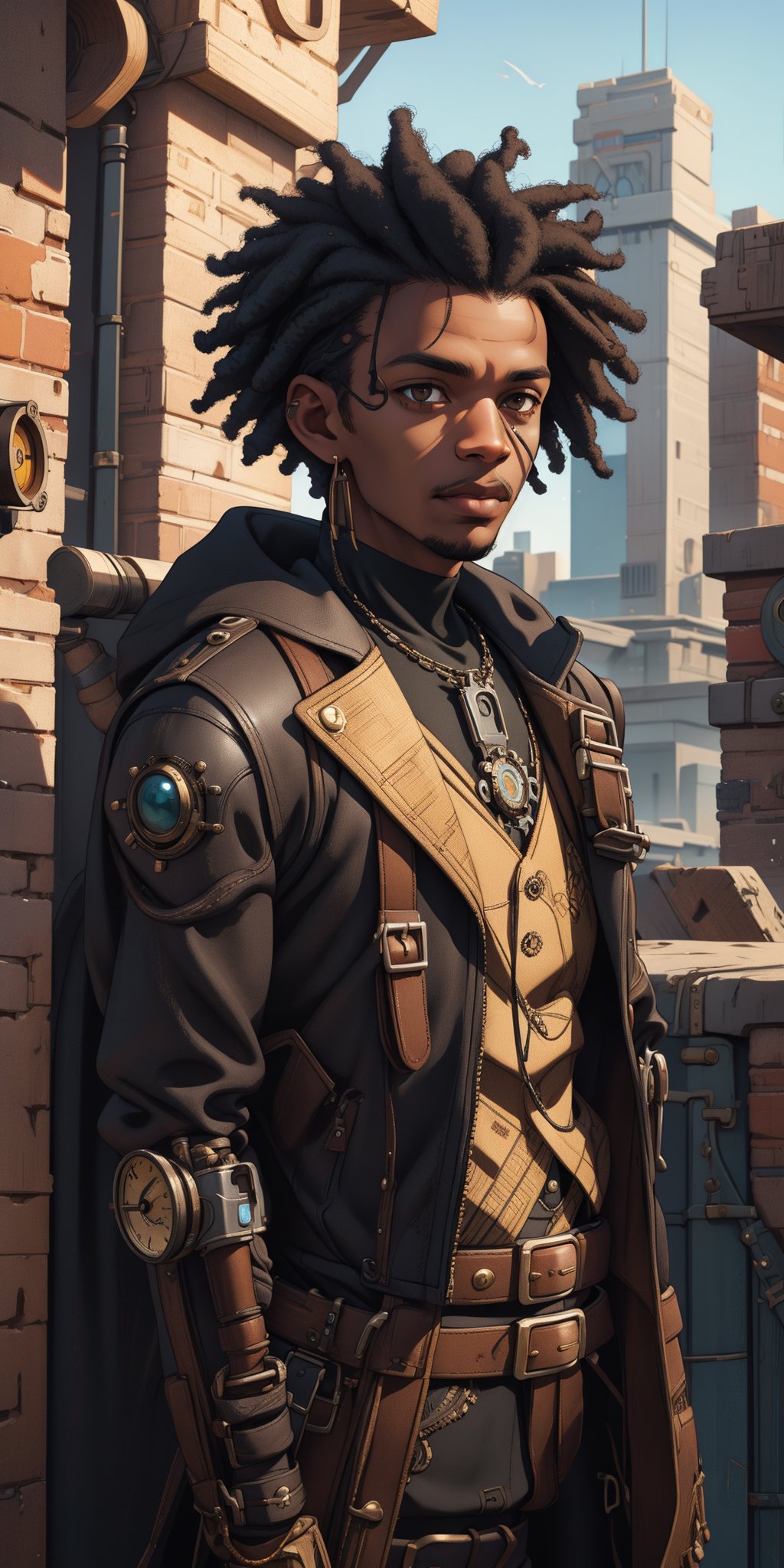 1man, solo, african, afro hair cut, Miles Morales, An adventurous black male in a steampunk-style outfit,Realistic, (masterpiece 1.2), (ultra Max high quality 1.2), (high_resolution 4k), (high detailed face), high-res CG textures., An adventurous black male in a steampunk-style outfit, engineer, with a clockwork steampunk baby dragon , Detailedface,marika,defTifa,Detailedface,Kafka(hsr),hmmikasa