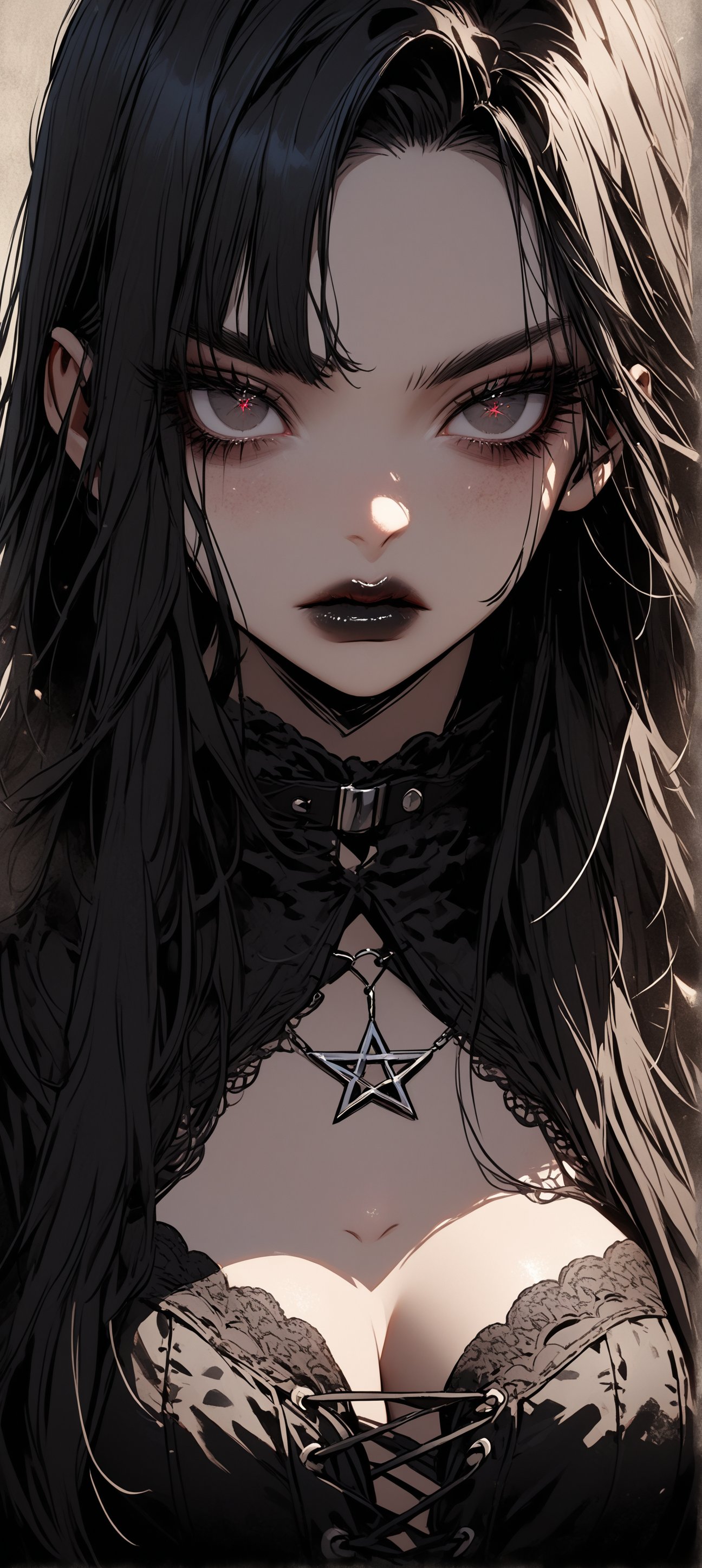 1Girl,Gothic cowgirl portrait, fierce determination in her gaze. Long, black hair framing face. Dark, smoky eye makeup accentuating intense eyes. Full, pouty lips with dark lipstick. Ample cleavage visible. Intricate lace-up corset top,black long combat boots
,Ornate silver pentagram necklace,Dramatic lighting emphasizing facial features. Gritty desert background. Blend of Western and Gothic aesthetics. Hyper-realistic skin textures and fabric details