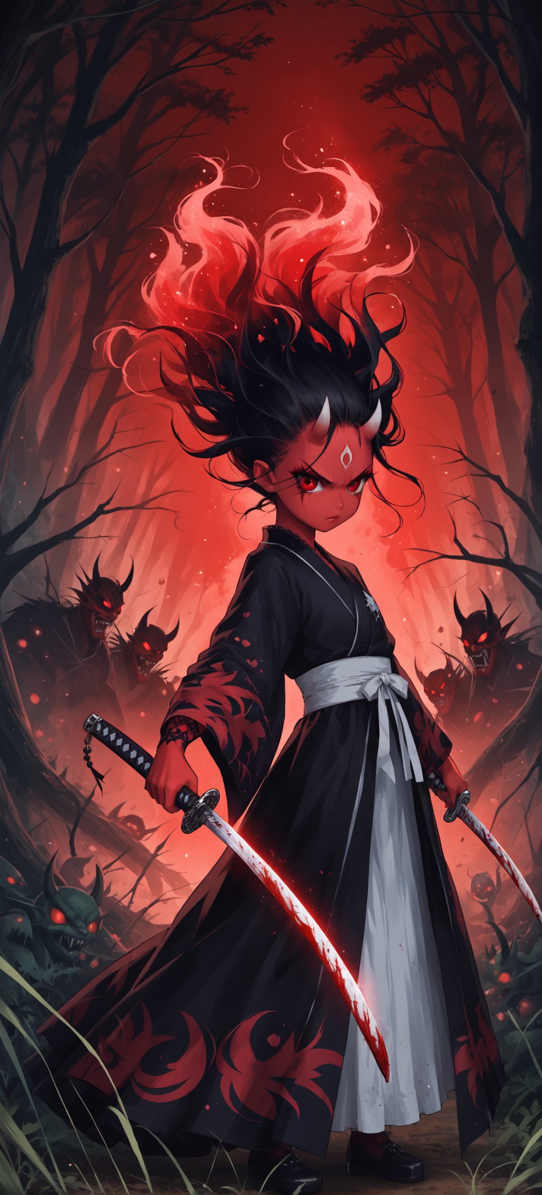 (ethereal dark fairy tale), young anime girl fight stance in a dark forest holding sheath of a bloody katana, dark red kimono, chrysanthemum floral décoration, (dark + gothic, + foreboding background:1.4), more detail XL,Oni, Demon,Red Mask