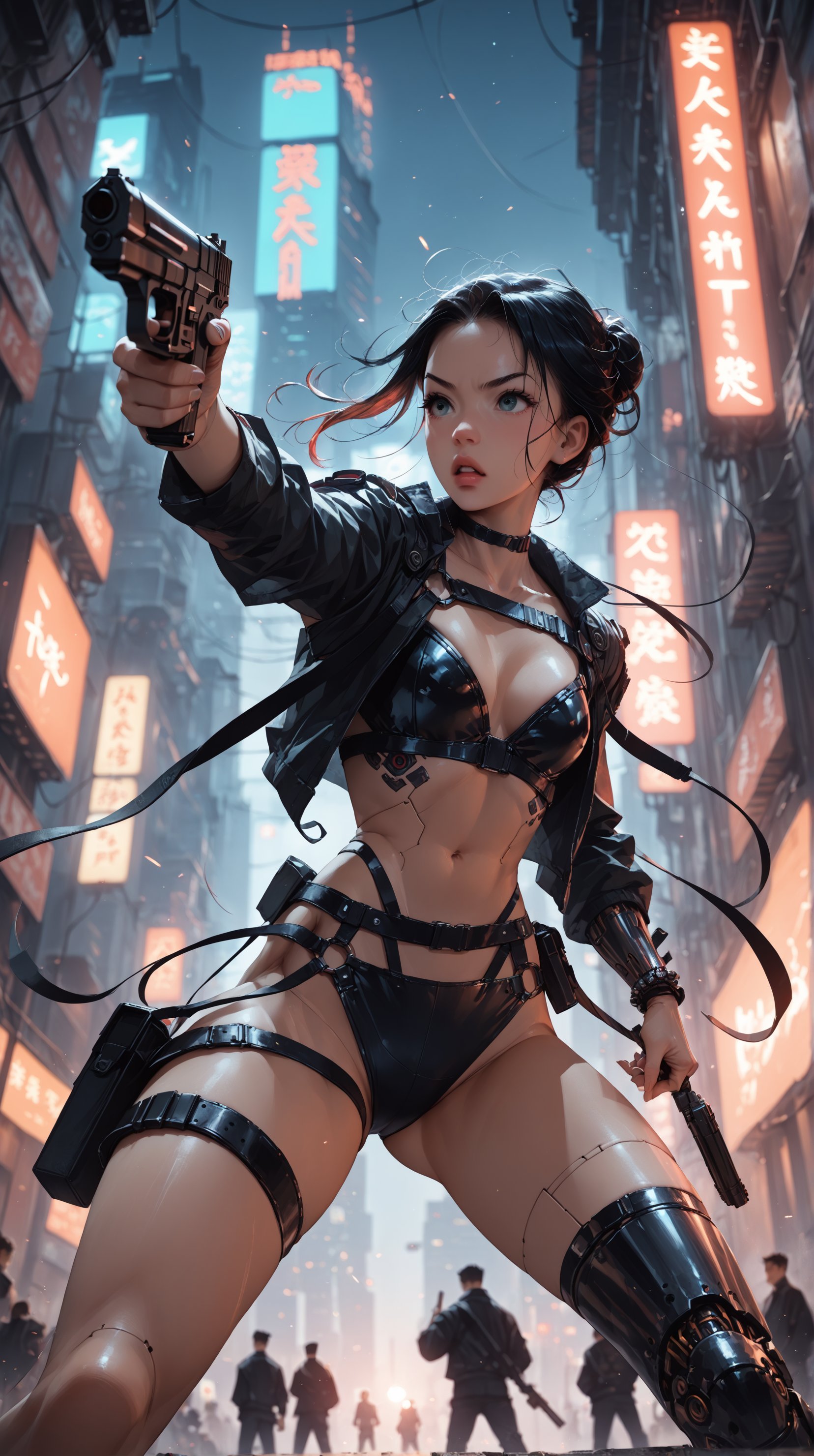 score_9_up score_8_up score_7_up, 1girl, cyborg gothic hybrid, android, cyborg style,  (holster,harness, one handgun), pointing handgun,action, action_pose, viewed_from_side,low-angle_shot,  depth_of_field, cyberpunk city, Tokyo, Japan, neon lights,