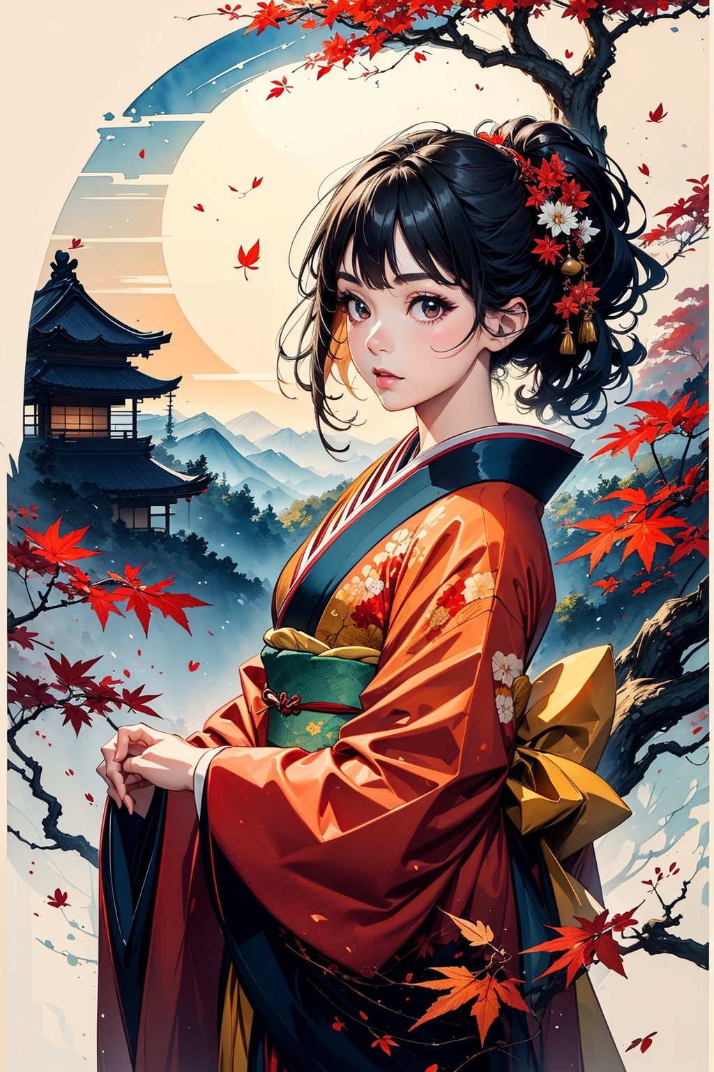 girl, black hair, kimono, momiji, maple_leaves, japanese maple tree, minimalism, ink, watercolor,