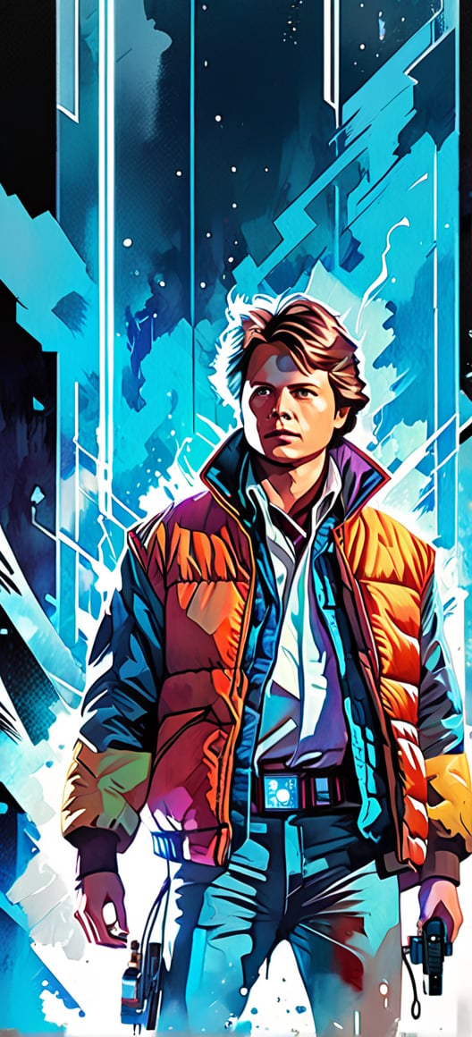 Marty McFly, Back to the Future, urban Comics, blue ornaments, Marvel, sci fi, highly technology, iconographic, glitch background, , watercolor, ink, mist, interactive image, highly detailed, art style by Clayton Crain + Ross Tran + Rachel Walpole + Jeszika Le Vye + Dan Volbert + Simon Stalenhag + Brian Stelfreeze