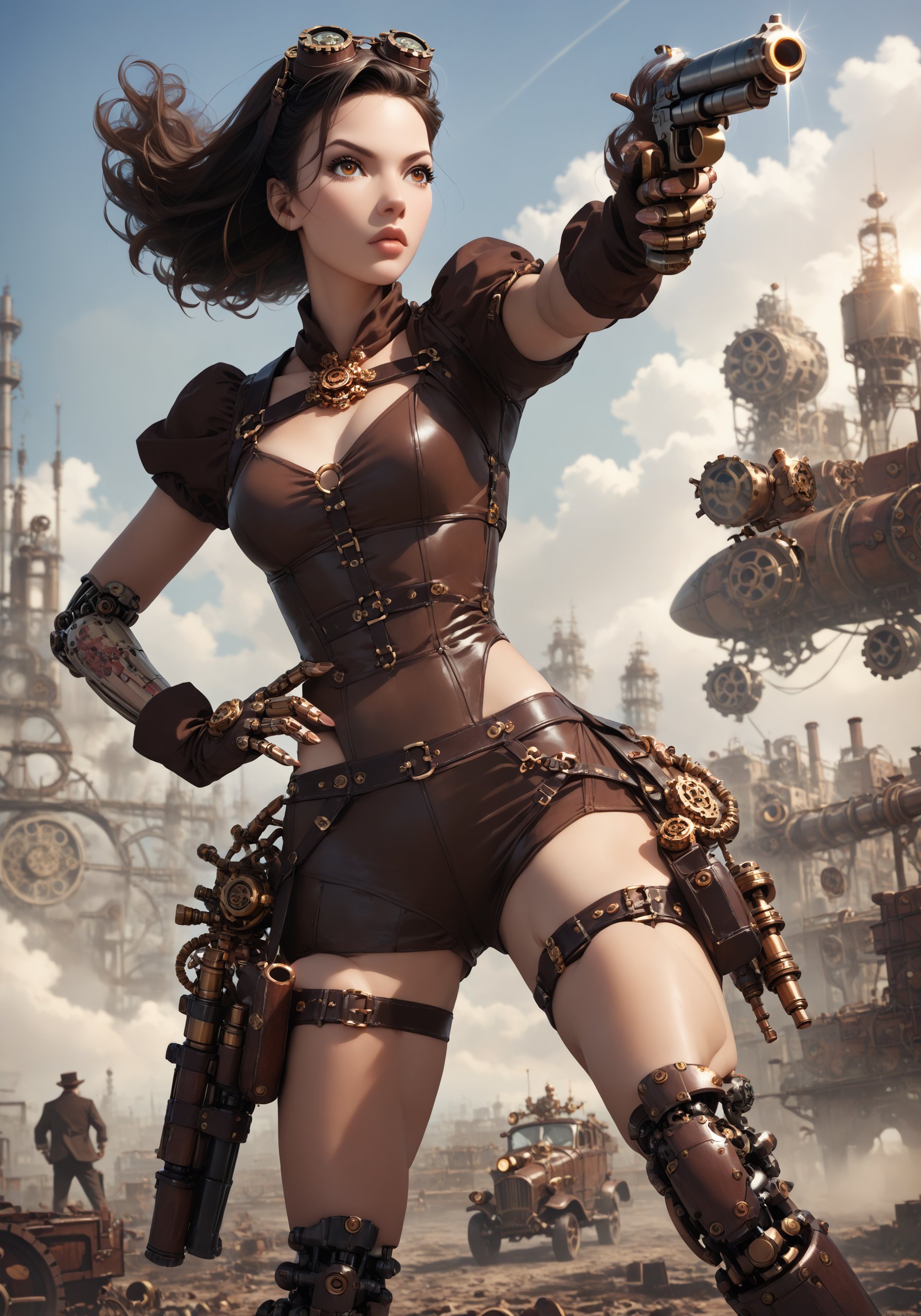 score_9_up score_8_up score_7_up, 1girl,  medium black hair, hazel eyes, cyborg steampunk hybrid, android, (mechanical arms, mechanical legs, cyborg, prosthesis),(holster,harness, two steampunk handguns), intricate corset, pointed handguns, action, action_pose, viewed_from_side, depth_of_field, detailled background, steampunk city, dystopian city, clear blue Sky, steampunk aircraft ,DonMSt34mPXL, steampunk