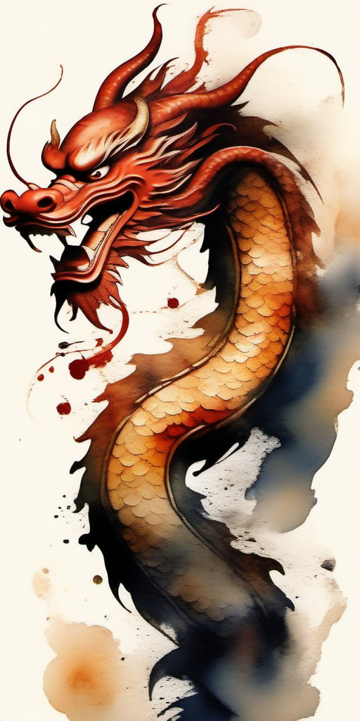 A Sumi-e style ink painting, bold, dramatic brushstrokes of one chinese dragon. Providential discovery or creation. Petite alabaster specter. Unexpected minuscule, rust-ivory detail. Providential intricate details and meticulous craftsmanship, providential pioneering techniques or elements, providential high technical acumen, such as verisimilar rendering or elaborate compositions. Harmonious and balanced composition, skillful use of color and illumination to enhance the emotional and visual impact, creating a sense of depth. Providential singular perspectives and viewpoints, intricacy, contrast, and symmetry. Providential formidable aesthetic structure, verisimilitude, and visual impact imparts a lasting impression. Scene featuring a providential discovery or creation. style, ink







