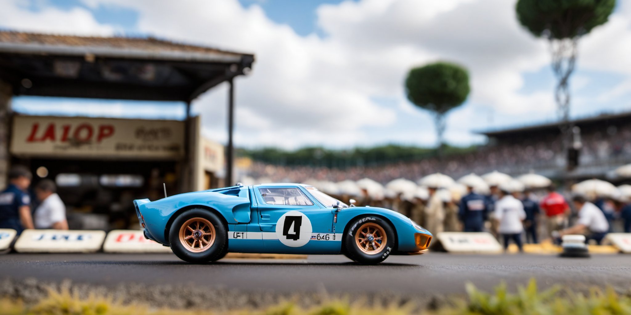 Ultra detailed, fully assembled Tamiya miniature Ford GT40 1966 on scale 1:24, on a diorama of pit stop of 1966 Le Mans 24H, 3d style