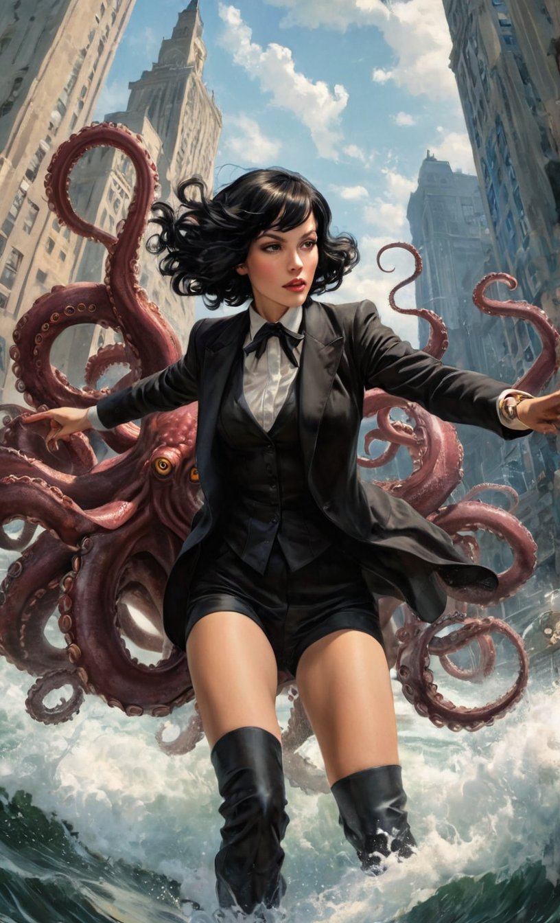 art by Tim Sale, art by Grzegorz Rosiński, art by Régis Loisel , art by Scott Snyder, art by Tim lee, art by Enki Bilal, a masterpiece, stunning detail, an action shot, low angle, a woman, black hair, dressed with 1930s clothes, Kraken, Octopus, Call of Cthulhu, Chicago, action shot,ink scenery,