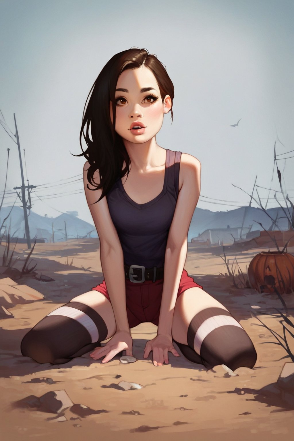 score_9, score_8_up, score_7_up, 1girl, solo, An adventurous korean in a sexy post_apocalyptic-style outfit,Parkour, brown eyes, dark hair, Realistic,  (masterpiece 1.2), (ultra Max high quality 1.2), (high_resolution 4k), (high detailed face), high-res CG textures., medium_boobs, asian face, exploring a wasteland,Amy