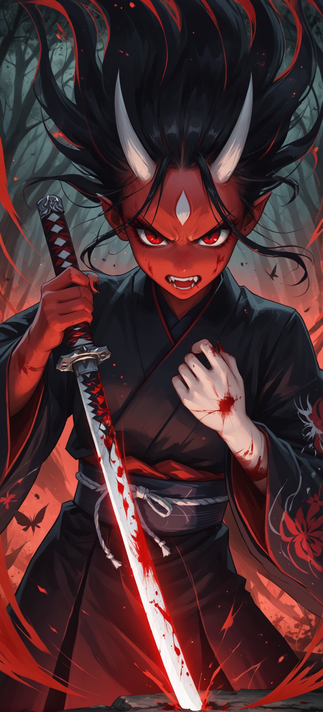 (ethereal dark fairy tale by Tim Sale), young anime girl fight stance in a dark forest holding sheath of a bloody katana, dark red kimono, chrysanthemum floral décoration, (dark + gothic, + foreboding background:1.4), more detail XL,Oni, Demon,Red Mask