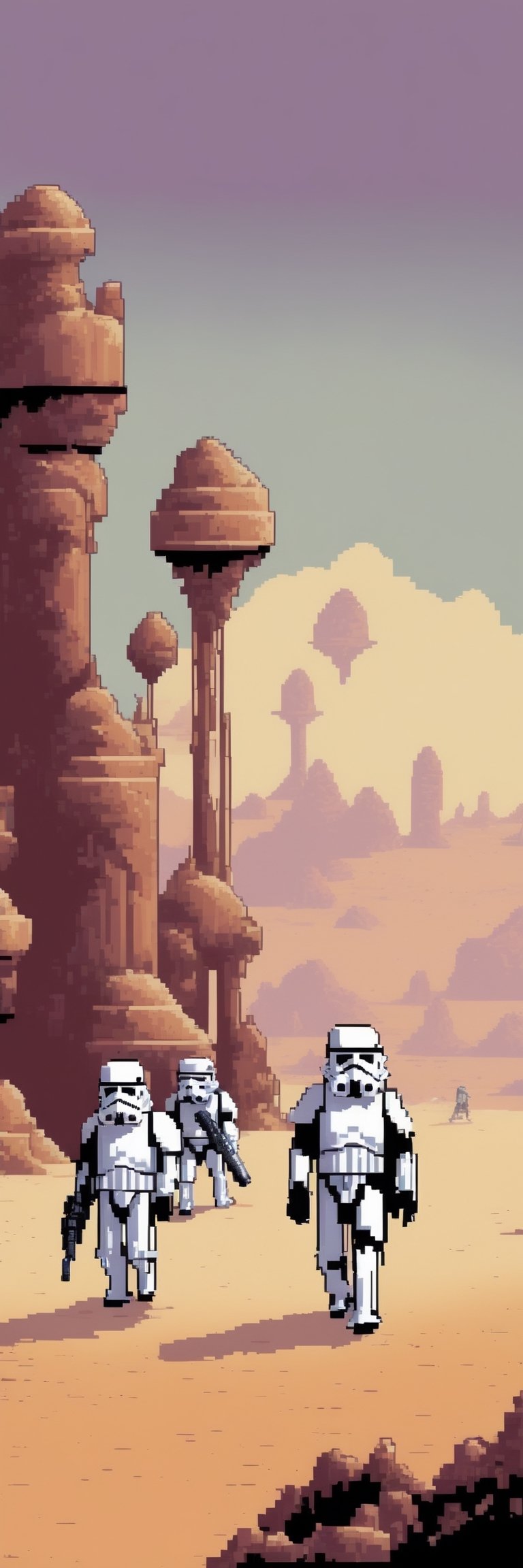 (5guys), (full body), Pixel-Art Adventure featuring a guy: Pixelated Stormtroopers characters walking on Tatooine, vibrant 8-bit environment, reminiscent of classic games.,Leonardo Style, Starwars, Monkey Island style,pixel art,pixel