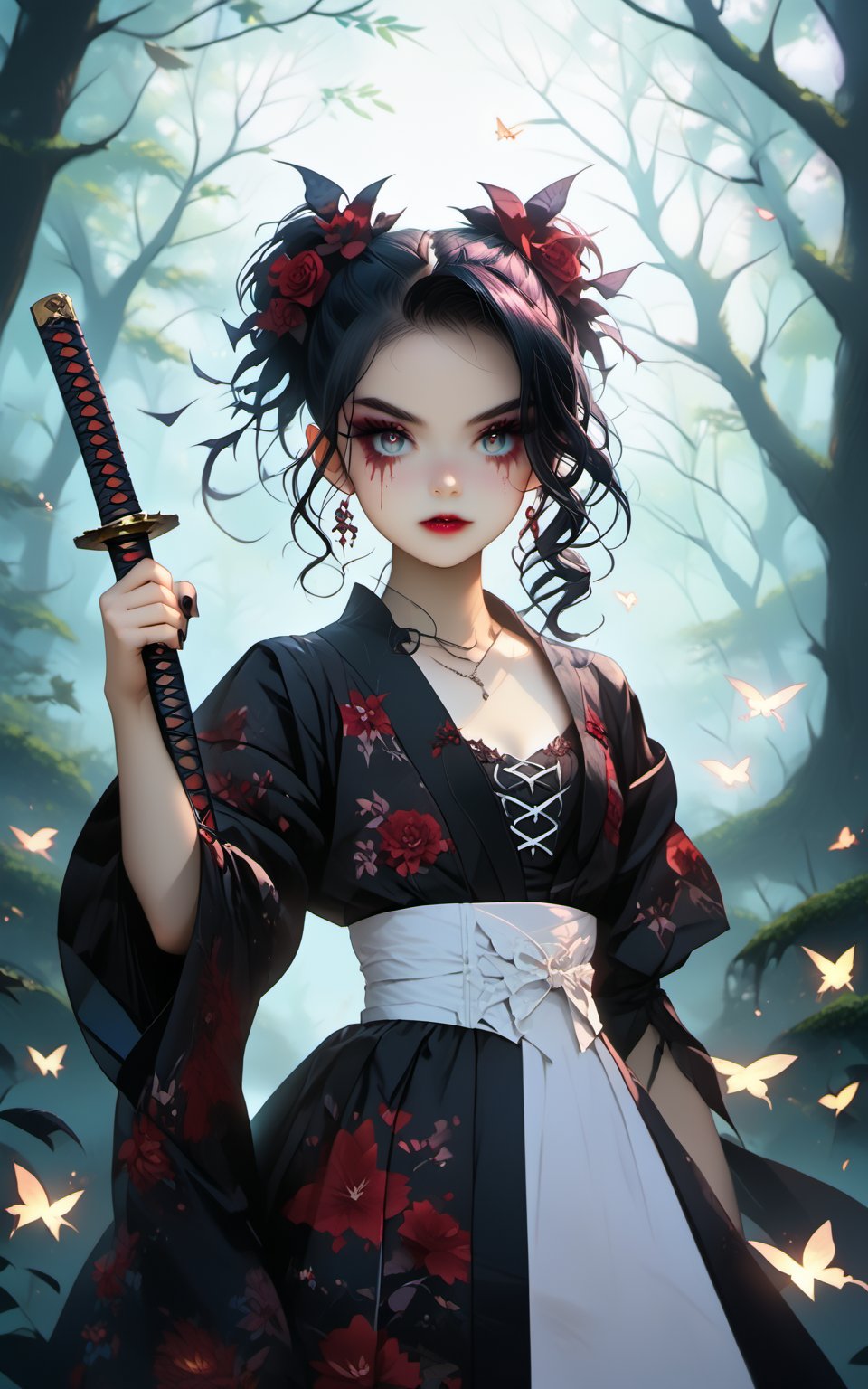 (ethereal dark fairy tale by Nicola Samori, JC Leyendecker), young anime girl standing thé ground in a dark forest holding a bloody katana with the tip pointing up, dark red kimono, chrysanthemum floral décoration, (dark + gothic, + foreboding background:1.4), more detail XL
