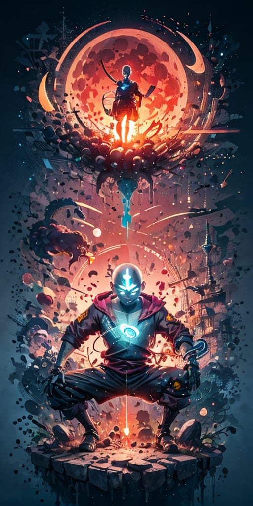 Aang, blue arrow tatoo, The Last Air Bender, dark orange jacket, tight suit, kamui relm of the Itachi,and the anime series ace, Fantastic Surrealism, red moon, Fantasy Landscapes, Art, Surrealism,, Biomechanical Sculpture, Turned to the Camera, red Background, 3D Vector Art, , Detailedface, Detailedeyes, 1 boy,avatar