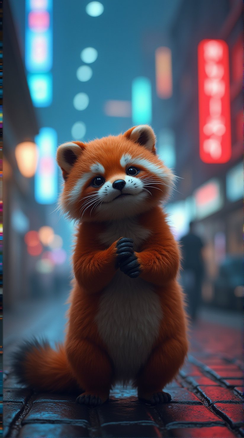 Cute little Tanuki, cyberpunk, playfull, happy,  cuteness overload, masterpiece, small centered composition, product shot,  wallpaper art, Rule of Thirds, delicate,lovable, tiny, best, dynamic composition, magnificent, intense, perfect background