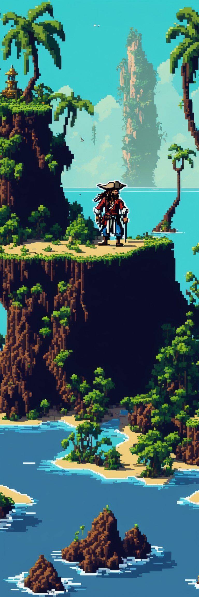 (1guy), Pixel-Art Adventure featuring a guy: Pixelated Jack Sparrow character walking on an island, vibrant 8-bit environment, reminiscent of classic games.,Leonardo Style, Monkey Island