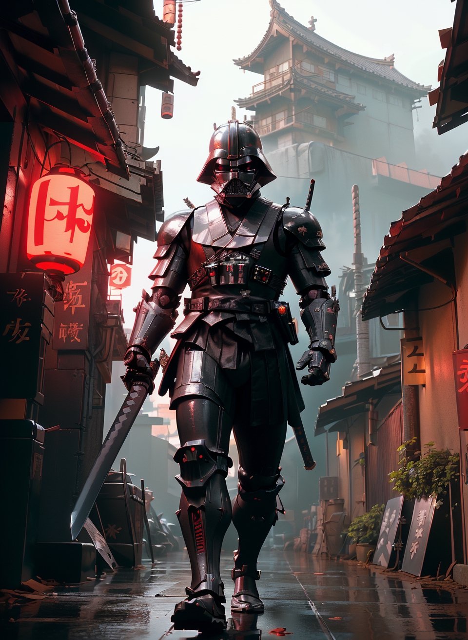 (8k uhd, masterpiece, best quality, high quality, absurdres, ultra-detailed, detailed background), (full body:1.4), (a Japanese Darth Vader samurai with great sword, walking across a bunch of Japanese stormtroopers samurai), (beautiful, aesthetic, perfect, delicate, intricate:1.2), (Darth Vader color scheme: black, black print robe), (size and shape of great sword: Daishō, massive and double-edged), (type of armor: samurai style helmet, black eyes, bone and leather), (environment: ancient Japan street, outside, cyberpunk, Cyberpunk), perspective: slightly low angle to emphasize the warrior's power, lighting: dramatic, with a spotlight illuminating the warrior's face and sword, stormtroopers, (depth of field: shallow, with the warrior in sharp focus and the fiery background slightly blurred)