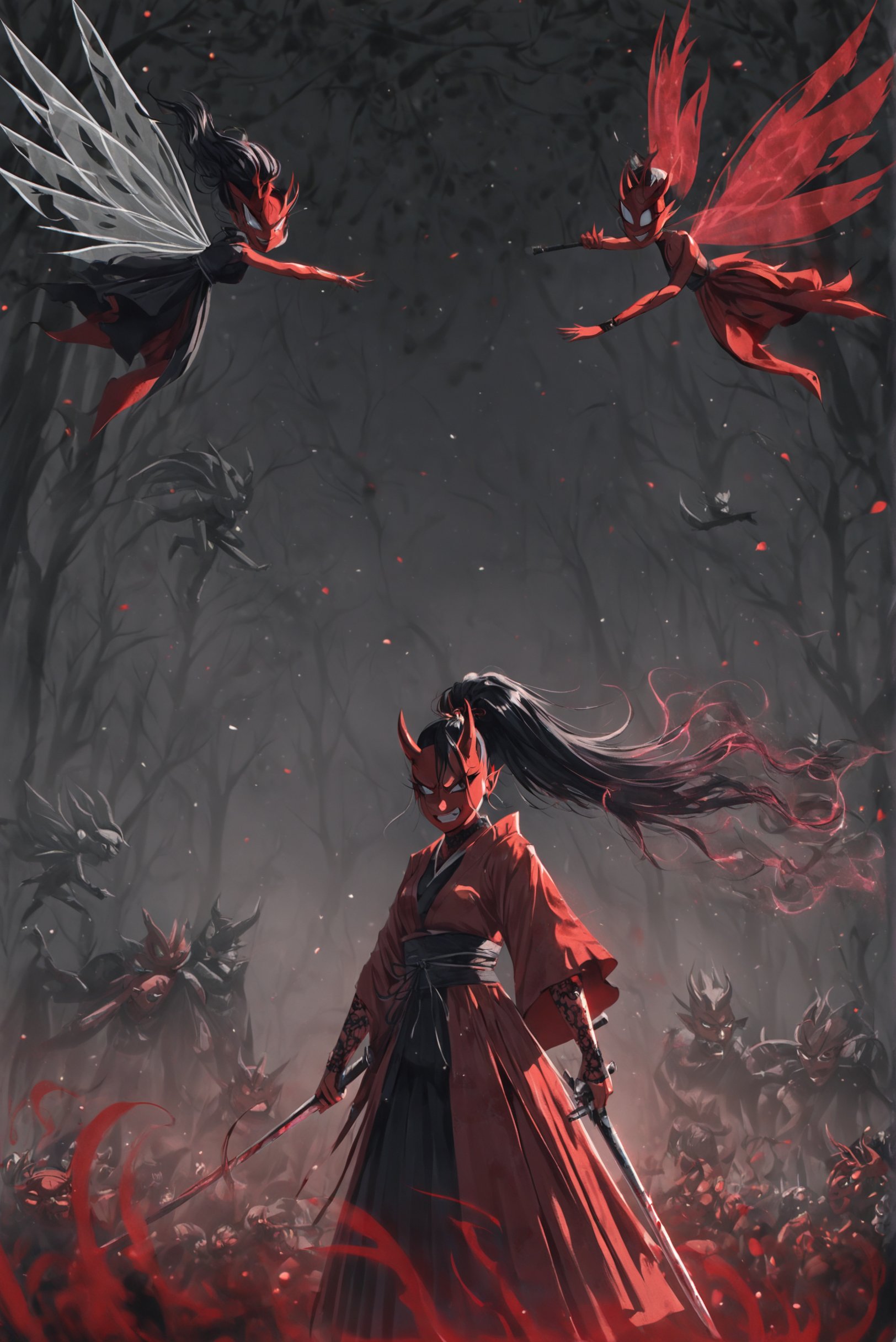 (ethereal dark fairy tale by Nicola Samori, JC Leyendecker), young anime girl fight stance in a dark forest holding sheath of a bloody katana, dark red kimono, chrysanthemum floral décoration, (dark + gothic, + foreboding background:1.4), more detail XL,Oni, Demon,Red Mask,HKWARRIOR