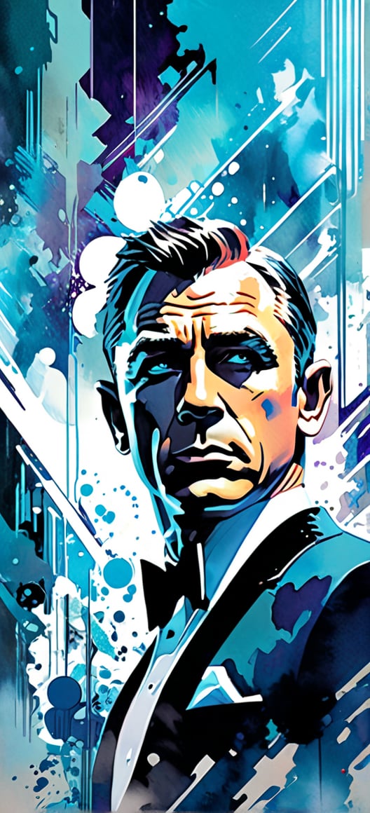 James Bond, urban Comics, blue ornaments, Marvel, sci fi, highly technology, iconographic, glitch background, , watercolor, ink, mist, interactive image, highly detailed, art style by Clayton Crain + Ross Tran + Rachel Walpole + Jeszika Le Vye + Dan Volbert + Simon Stalenhag + Brian Stelfreeze