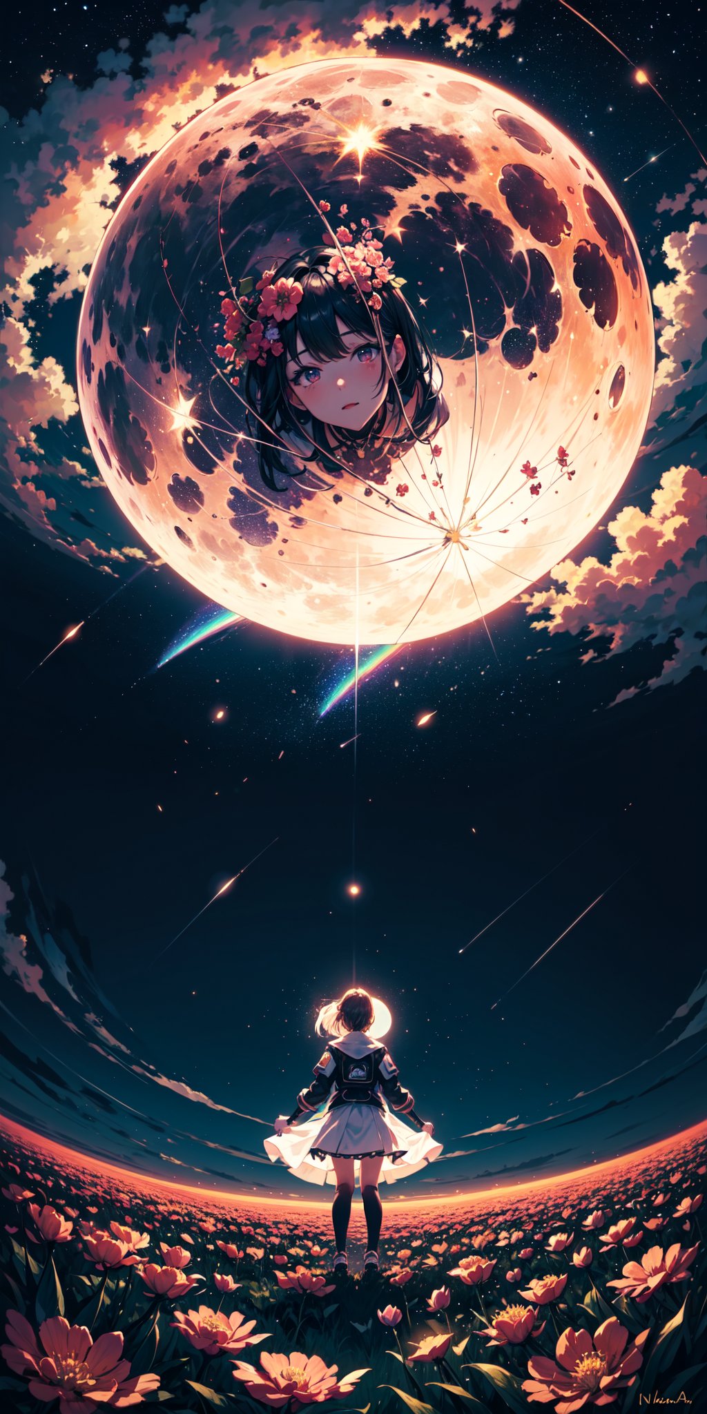 (bottom view), cyberpunk girl standing in a flower field looking up (full moon), (shooting stars), (nebula), peonie, (warm light source:), (Firefly), intricate details, volumetric lighting, (masterpiece), (best quality), 4k, ultra-detailed, (dynamic composition), highly detailed, colorful details, (rainbow colors), (glowing lighting, atmospheric lighting), dreamy, magical,