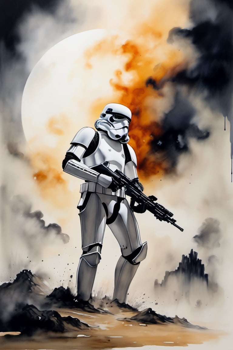 Masterpiece, 8k, dripping paint, chinese ink drawing, stormtrooper standing in smoke-filled battlefield, weathered armor and helmet, sandy, 1000 yard stare, 1080P, under moon