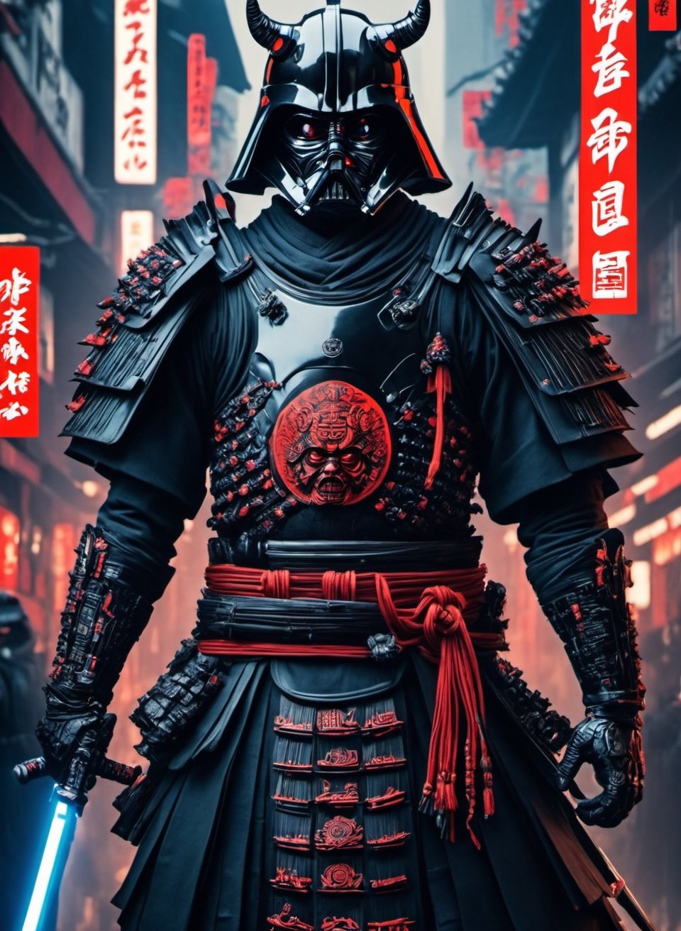 (8k uhd, masterpiece, best quality, high quality, absurdres, ultra-detailed, detailed background), (a Japanese Darth Vader samurai with great sword, walking across a bunch of Japanese stormtroopers samurai), (full body:1.4), (beautiful, aesthetic, perfect, delicate, intricate:1.2), (color scheme: black), (size and shape of great sword: Daishō, massive and double-edged), (type of armor: oni style helmet, bone and leather), (environment: ancient Japan street, outside, cyberpunk), perspective: slightly low angle to emphasize the warrior's power, lighting: dramatic, with a spotlight illuminating the warrior's face and sword, depth of field: shallow, with the warrior in sharp focus and the fiery background slightly blurred,cyborg style,Movie Still, Cyberpunk,cyborg