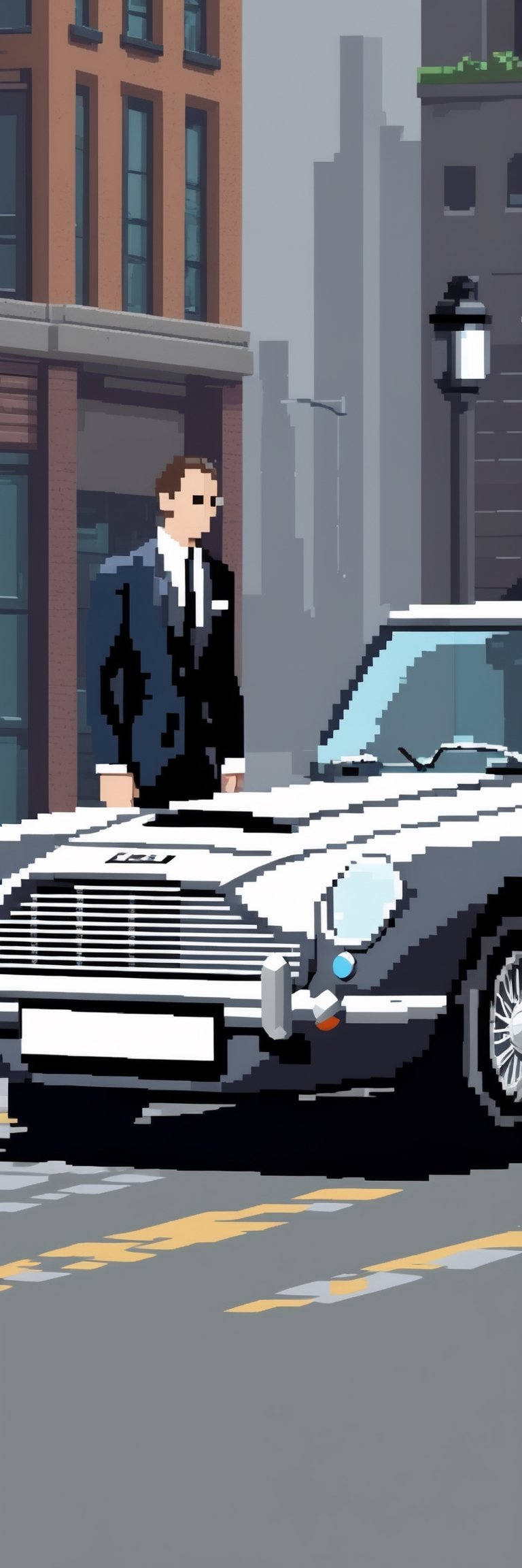 (1guy), (full body), (Pixel-Art Adventure featuring a guy: Pixelated James Bond character walking next to a grey Aston Martin, facing viewer), vibrant 8-bit environment, reminiscent of classic games.,Leonardo Style, James Bond, Aston Martin, London city, style,pixel art,pixel