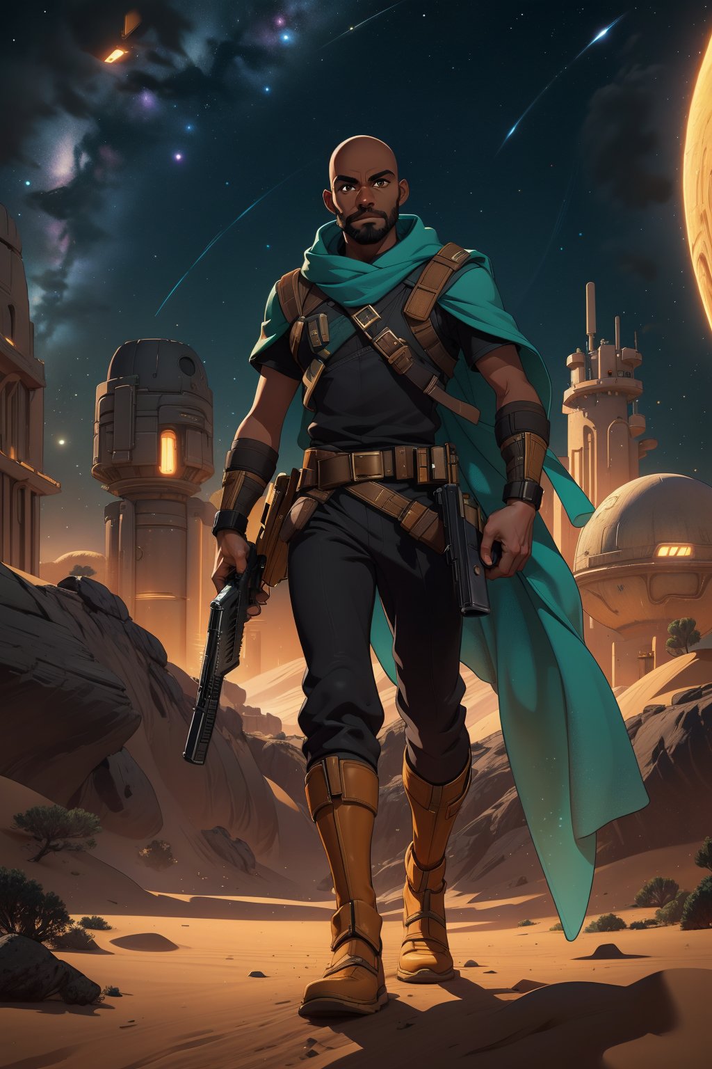 Shunkaha, a majestic black male, african american, dark skin, brown skin with perfect face and amber eyes, sporting a white beard, bald, walks confidently in the desert city of Mos Espa on Tatooine. He wears teal shirt and black long pants, handgun holstered at his right leg. Holding a large grey weapon in both hands, he exudes determination under dramatic night lighting, with rim lighting highlighting his features against the starry night sky. The midjourney scenery is high-detailed, showcasing intricate sand dunes and cityscape, set against the vast blackness of space.,agawa