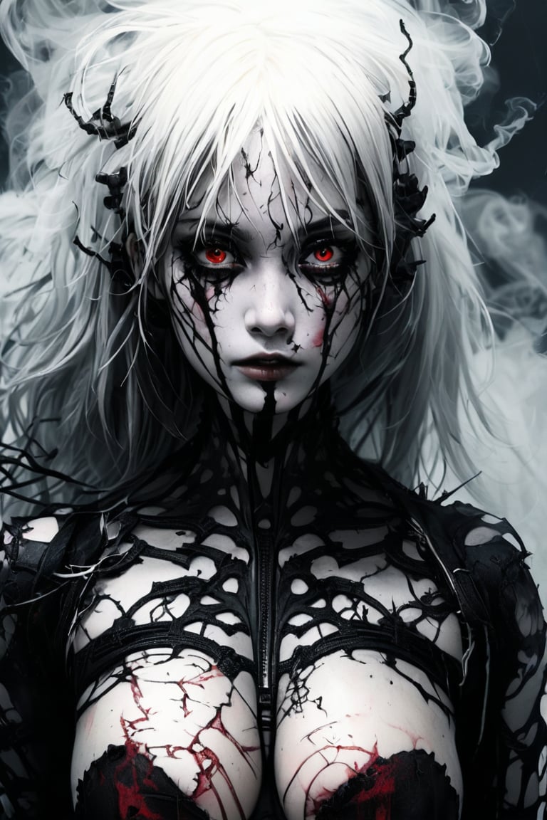 A crisp, clear, anime portrait of a sadistic women. Horror, nightmare, bloody, detailed, intricate, clear eyes. Black on white smoke layer, Crisp image, extremely detailed, sci-fi, fantasy, Clear, high resolution, 8k resolution , futuristic, hyperrealistic