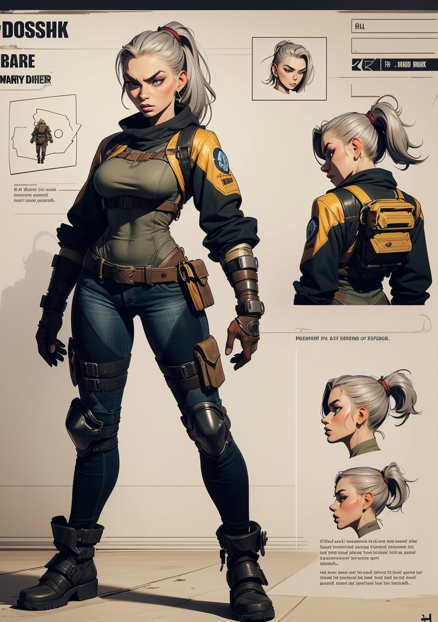 The concept character sheet of a strong, attractive, and hot warrior lady, mad max style, post apocalyptic style, dieselpunk look, dieselpunk setting, dieselpunk soldier girl, wearing techwear and armor, Cyberpunk costumes, In steampunk style, Her face is oval,  forehead is smooth and visibly rounded at the temples. jawline is softly defined,  giving her a gentle and feminine appearance, full body,  Full of details, frontal body view, back body view, Highly detailed, Depth, Many parts,((Masterpiece, Highest quality)), 8k, Detailed face (ponytail hair) (grey hair) (golden eyes), angry expression, Infographic drawing. Multiple sexy poses. tattoos,3d,SAM YANG,incase