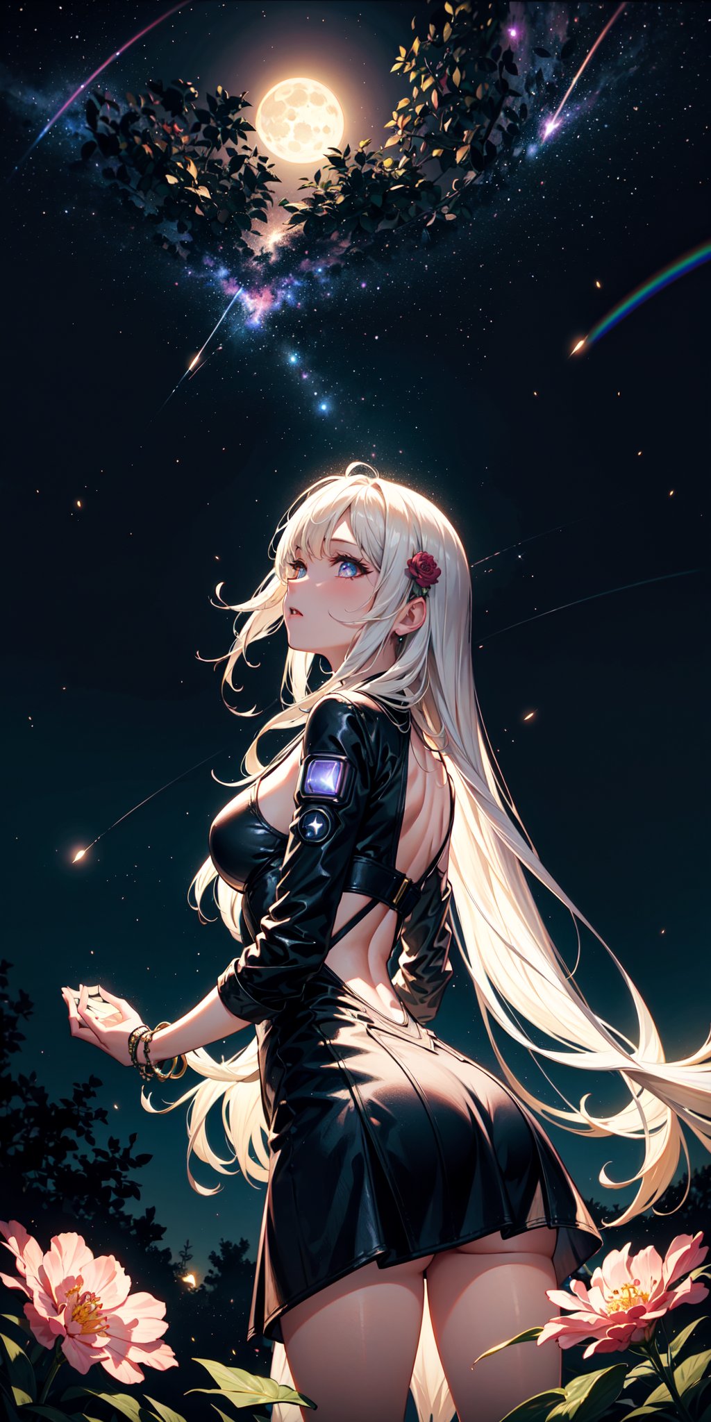 (bottom view), cyberpunk girl standing in a flower field looking up (full moon), (shooting stars), (nebula), peonie, (warm light source:), (Firefly), intricate details, volumetric lighting, (masterpiece), (best quality), 4k, ultra-detailed, (dynamic composition), highly detailed, colorful details, (rainbow colors), (glowing lighting, atmospheric lighting), dreamy, magical,