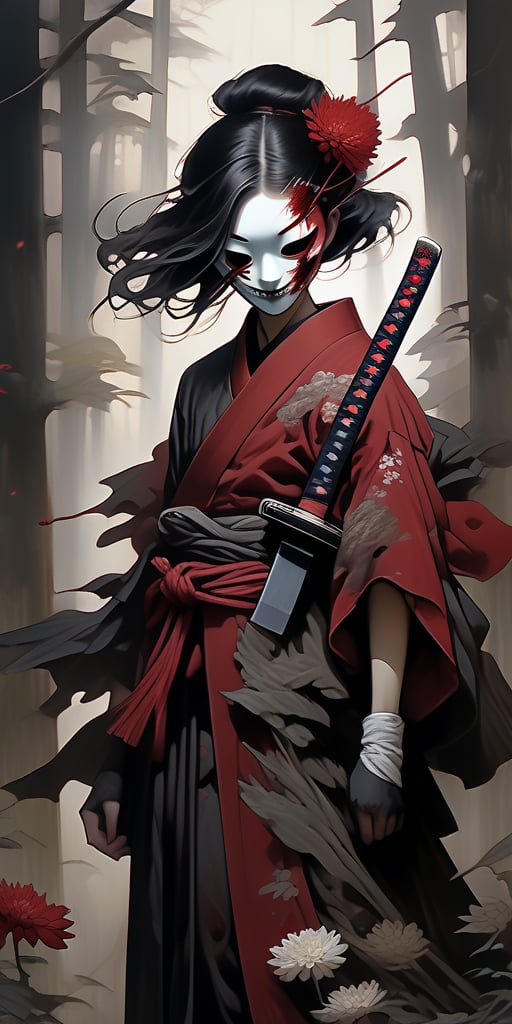 (ethereal dark fairy tale by Nicola Samori, JC Leyendecker), young anime girl standing the ground in a dark forest holding sheath of a bloody katana with the tip pointing up, dark red kimono, chrysanthemum floral décoration, (dark + gothic, + foreboding background:1.4), more detail XL,white mask, oni, oni mask,