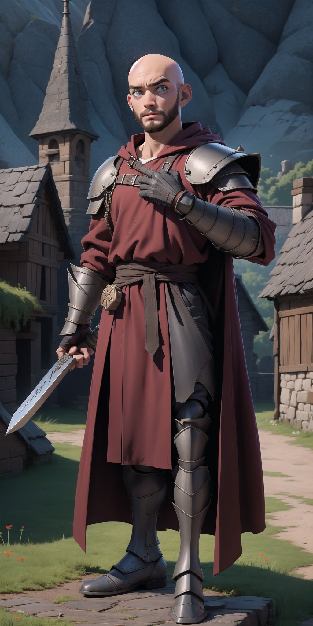 A warrior priest, 25 years old, (bald, no hair), 6'2", a red monk robe with plate armor chest and arm armor, grey eyes, (brandishing a war hammer in his right hand), red hair beard, perfect hands, medieval village, (medieval background), Dark_Mediaval, (detailed face, detailed skin texture, area lighting, HD, 8k, best illumination, ((full_body)), hood, trench coat, 