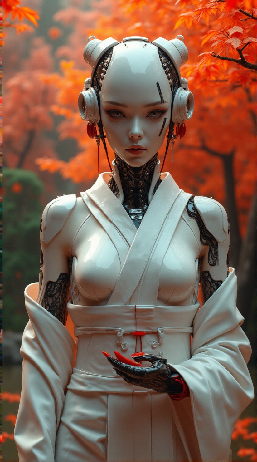 Masterpiece, Ultra High Resolution, 16k, HDR, Photorealistic: A sexy, highly detailed cyborg (((geisha))) with a high-gloss finish. The geisha has a glossy white plastic face and body, perfectly blending human beauty with robotic precision. She stands in a serene Japanese garden with vibrant momiji (maple trees) in the background. The scene captures the elegance of a beautiful woman with android features, combining traditional Japanese aesthetics with advanced technology.