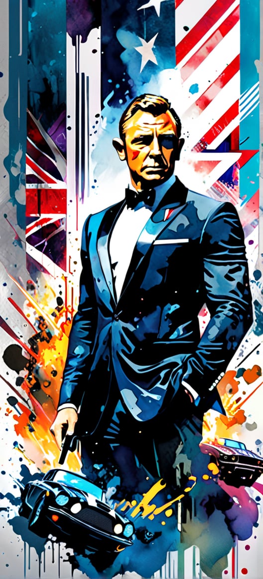 James Bond, urban Comics, Union Jack ornaments, Marvel, sci fi, highly technology, iconographic, glitch background, , watercolor, ink, mist, interactive image, highly detailed, art style by Clayton Crain + Ross Tran + Rachel Walpole + Jeszika Le Vye + Dan Volbert + Simon Stalenhag + Brian Stelfreeze