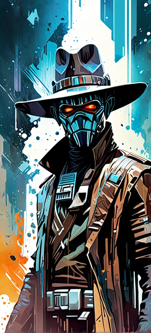 Cad Bane, urban Comics, brown ornaments, Starwars, sci fi, highly technology, iconographic, glitch background, , watercolor, ink, mist, interactive image, highly detailed, art style by Clayton Crain + Ross Tran + Rachel Walpole + Jeszika Le Vye + Dan Volbert + Simon Stalenhag + Brian Stelfreeze