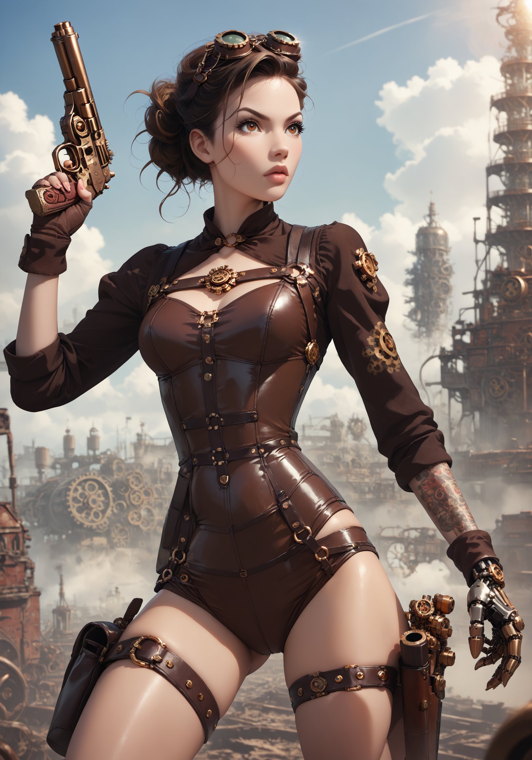 score_9_up score_8_up score_7_up, 1girl,  medium black hair, hazel eyes, cyborg steampunk hybrid, android, (mechanical arms, mechanical legs, cyborg, prosthesis),(holster,harness, two steampunk handguns), intricate corset, pointed handguns, action, action_pose, viewed_from_side, depth_of_field, detailled background, steampunk city, dystopian city, clear blue Sky, steampunk aircraft ,DonMSt34mPXL, steampunk