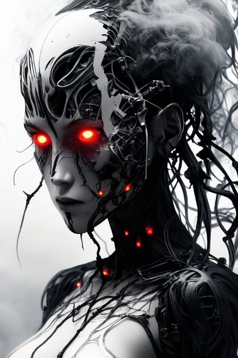 A crisp, clear, anime image of a sadistic women. Horror, nightmare, bloody, detailed, intricate, clear eyes. Black on white smoke layer, Crisp image, extremely detailed, sci-fi, fantasy, Clear, high resolution, 8k resolution , futuristic, hyperrealistic