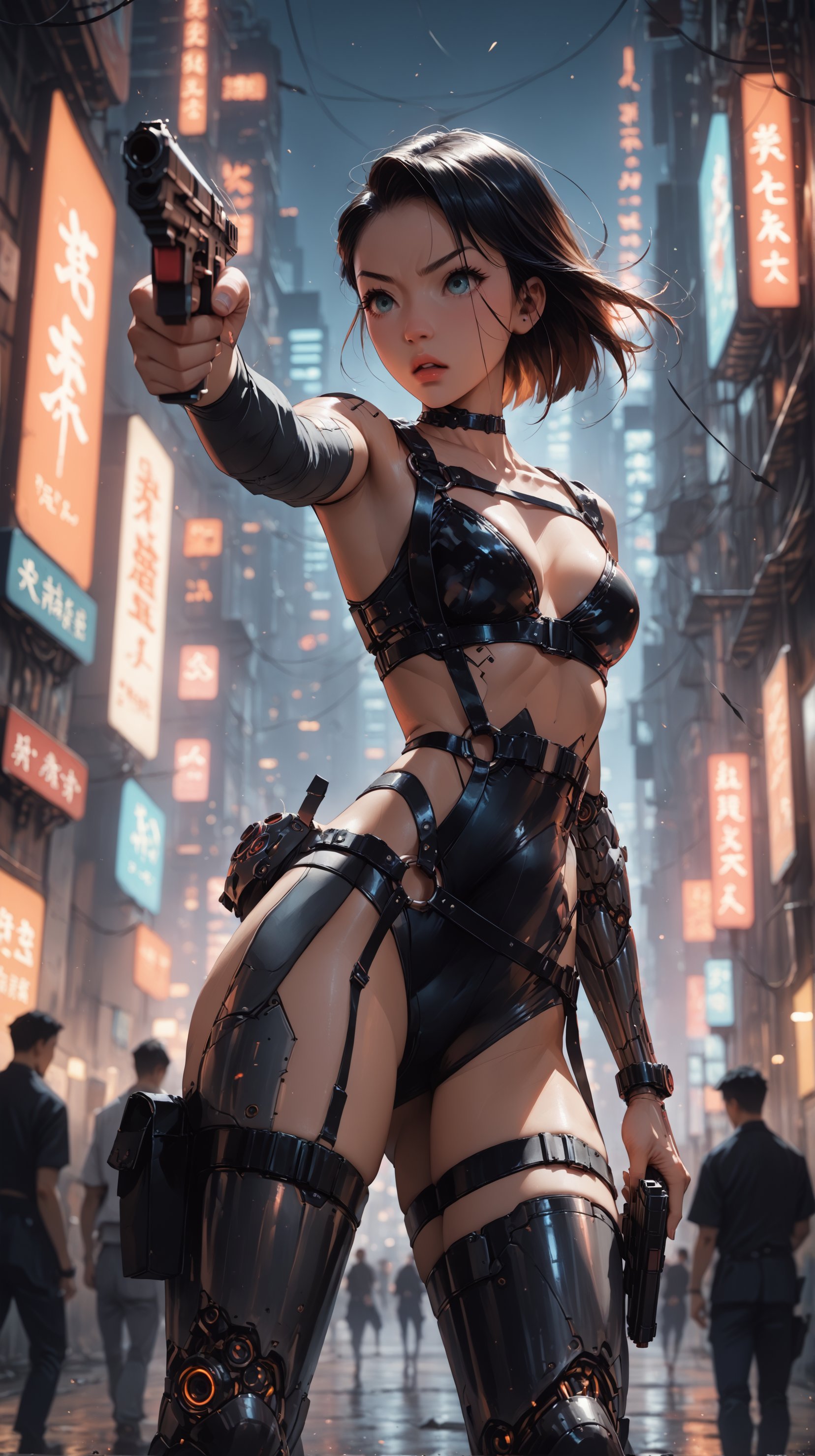 score_9_up score_8_up score_7_up, 1girl, cyborg gothic hybrid, android, cyborg style,  (holster,harness, one handgun), pointing handgun,action, action_pose, viewed_from_side,low-angle_shot,  depth_of_field, cyberpunk city, Tokyo, Japan, neon lights,