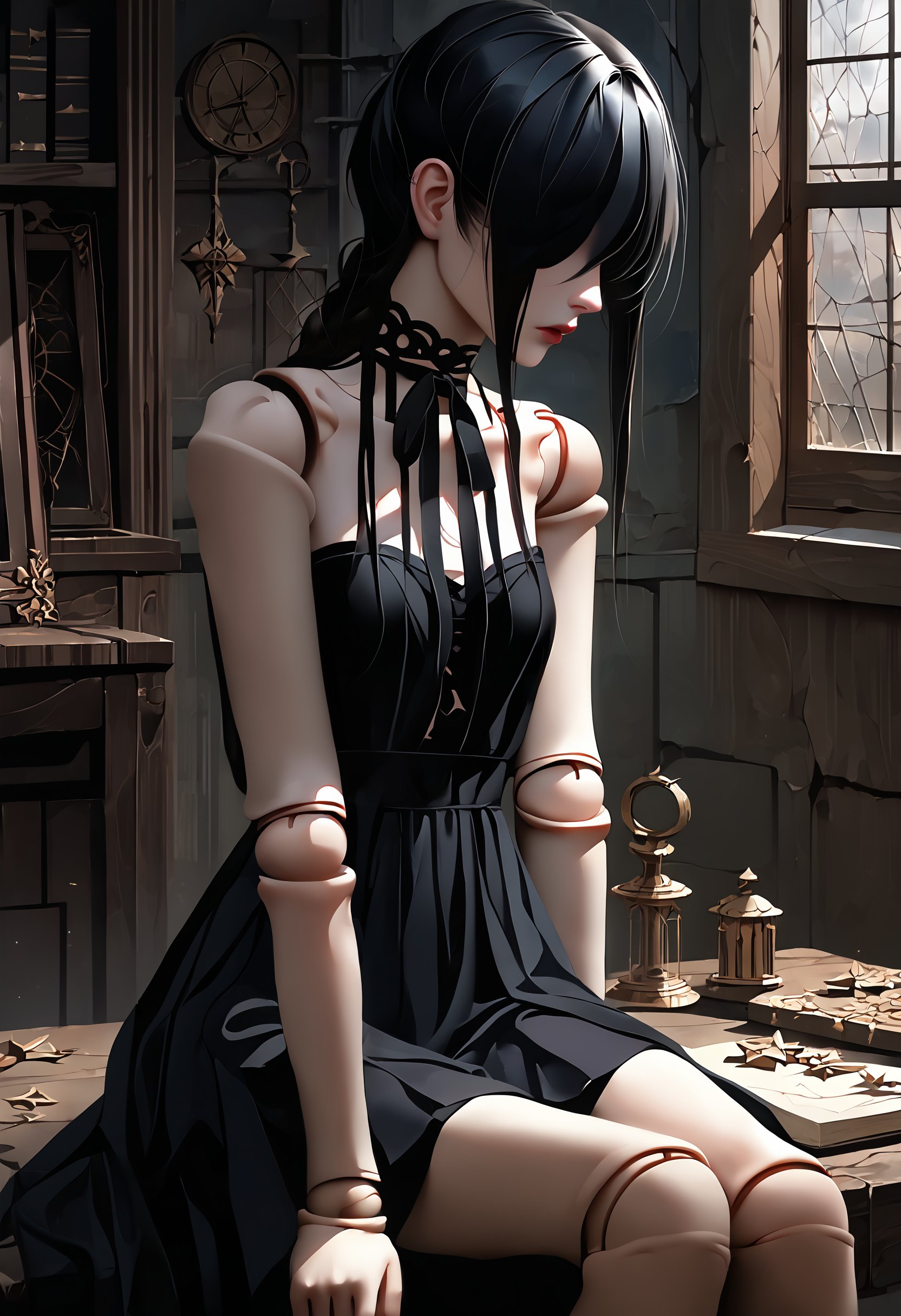 score_9, score_8_up, score_7_up, score_6_up, (absurdres, best quality, masterpiece:1.4), very high resolution, very detailed clothings, very intricate and realistic details, dramatic, sad and pity scene, rating_safe,
1girl, doll, slim body, porcelain skin, long black hair, black gothic dress, doll joints, empty look and mind, no soul face, sitting sadly, dusty abandoned doll warehouse, afternoon, 
Motion lines, emphasism lines, sound effect, 
out-of-attention:2, lost-in-thoughts,