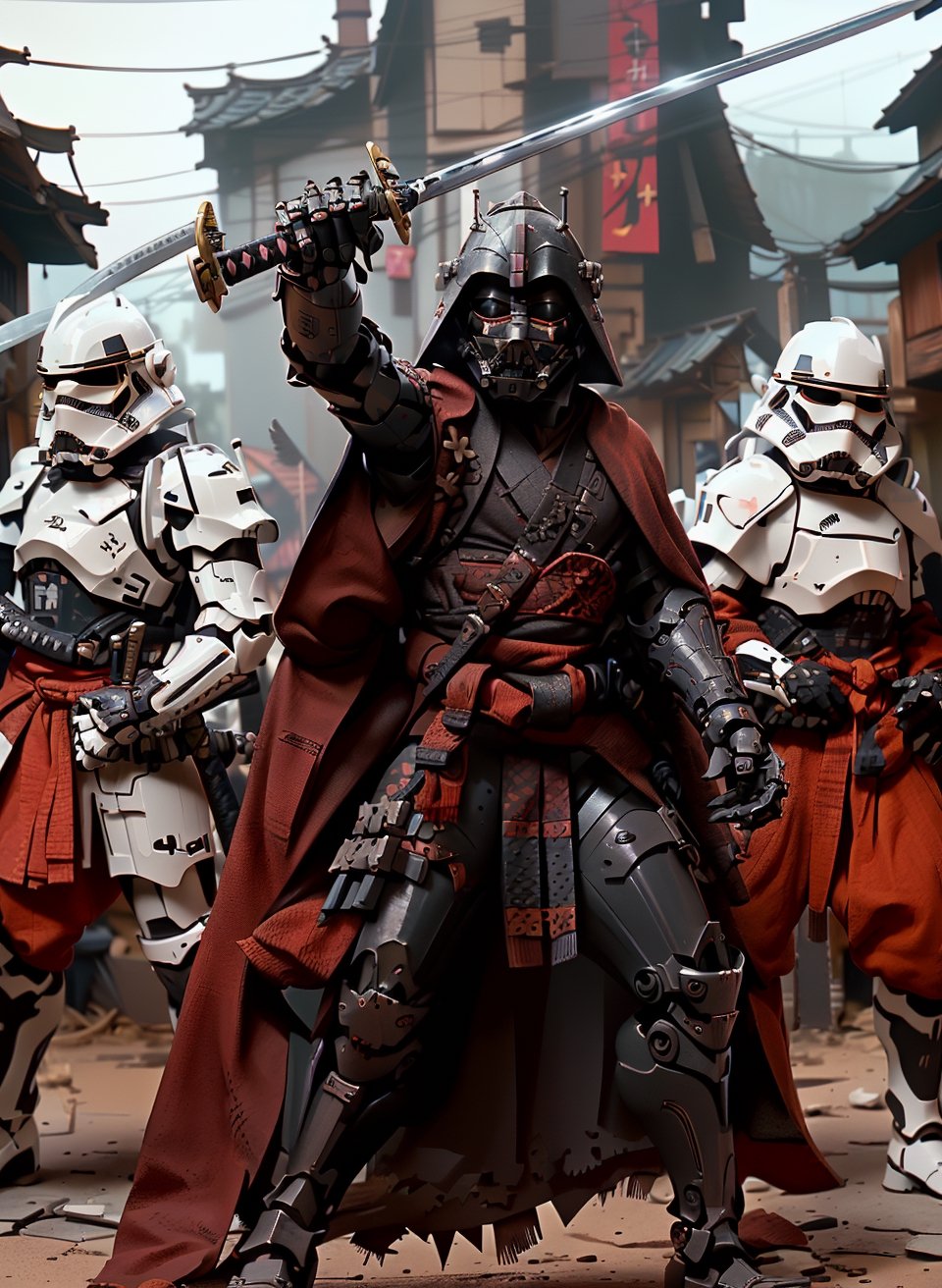 (8k uhd, masterpiece, best quality, high quality, absurdres, ultra-detailed, detailed background), (full body:1.4), (a Japanese Darth Vader samurai with great sword, walking across a bunch of Japanese stormtroopers samurai), (beautiful, aesthetic, perfect, delicate, intricate:1.2), (Darth Vader color scheme: black, black print robe), (size and shape of great sword: Daishō, massive and double-edged), (type of armor: samurai style helmet, black eyes, bone and leather), (environment: ancient Japan street, outside, cyberpunk, Cyberpunk), perspective: slightly low angle to emphasize the warrior's power, lighting: dramatic, with a spotlight illuminating the warrior's face and sword, stormtroopers, (depth of field: shallow, with the warrior in sharp focus and the fiery background slightly blurred)