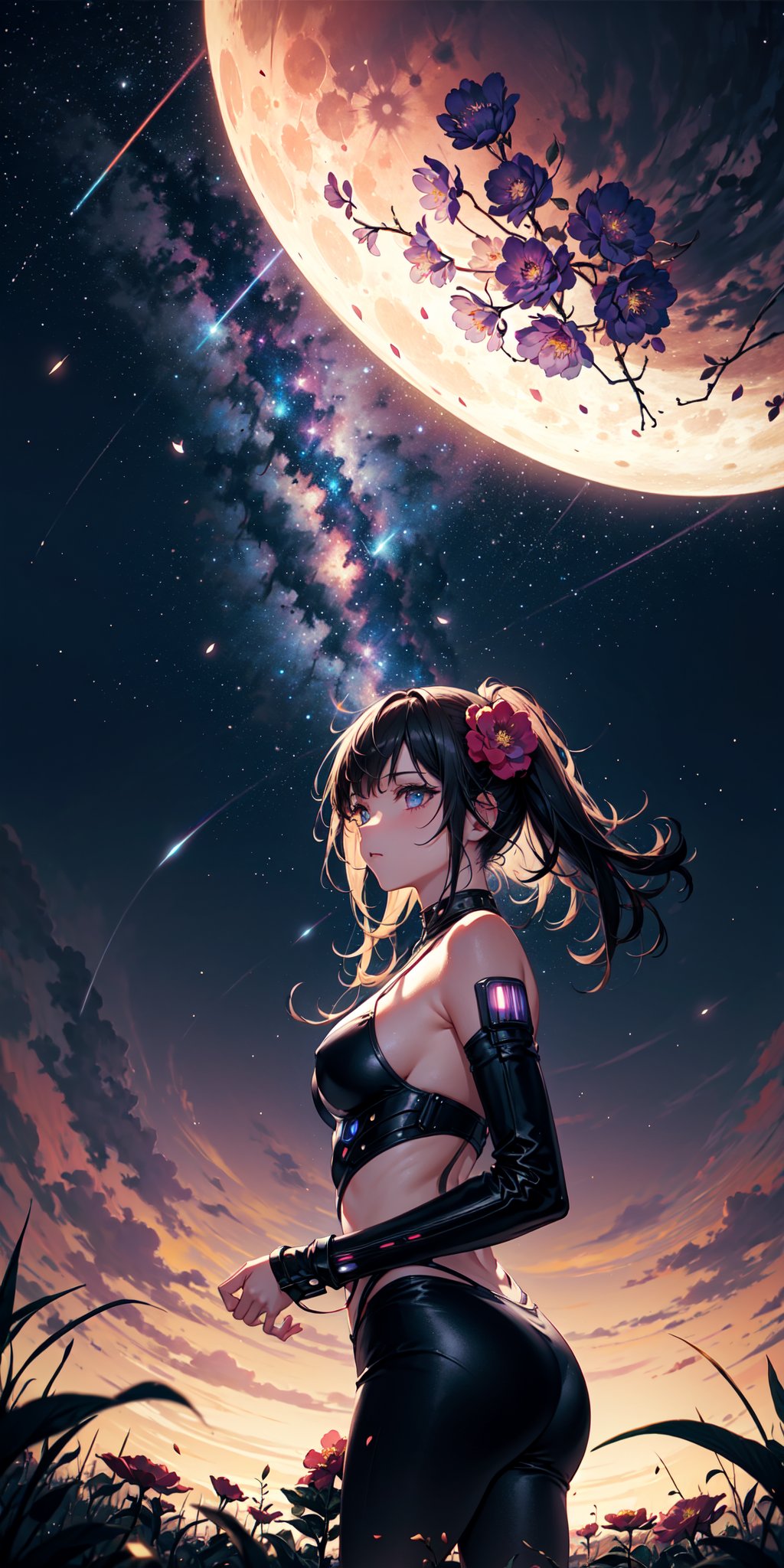 (bottom view), cyberpunk girl standing in a flower field looking up (full moon), (shooting stars), (nebula), peonie, (warm light source:), (Firefly), intricate details, volumetric lighting, (masterpiece), (best quality), 4k, ultra-detailed, (dynamic composition), highly detailed, colorful details, (rainbow colors), (glowing lighting, atmospheric lighting), dreamy, magical,