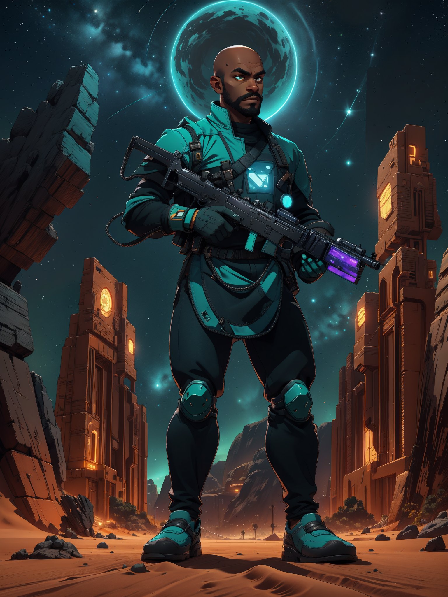 Shunkaha, a majestic black male, african american, dark skin, brown skin with perfect face and amber eyes, sporting a white beard, bald, walks confidently in the desert city of Mos Espa on Tatooine. He wears teal shirt and black long pants, handgun holstered at his right leg. Holding a large grey weapon in both hands, he exudes determination under dramatic night lighting, with rim lighting highlighting his features against the starry night sky. The midjourney scenery is high-detailed, showcasing intricate sand dunes and cityscape, set against the vast blackness of space.,agawa