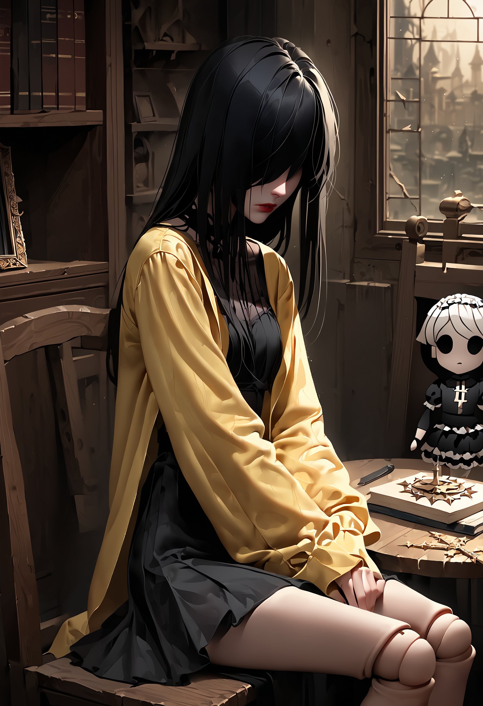 score_9, score_8_up, score_7_up, score_6_up, (absurdres, best quality, masterpiece:1.4), very high resolution, very detailed clothings, very intricate and realistic details, dramatic, sad and pity scene, rating_safe,
1girl, doll, slim body, porcelain skin, long black hair, black gothic dress, doll joints, wearing a yellow raincoat,  empty look and mind, no soul face, sitting sadly, dusty abandoned doll warehouse, afternoon, 
Motion lines, emphasism lines, sound effect, 
out-of-attention:2, lost-in-thoughts,