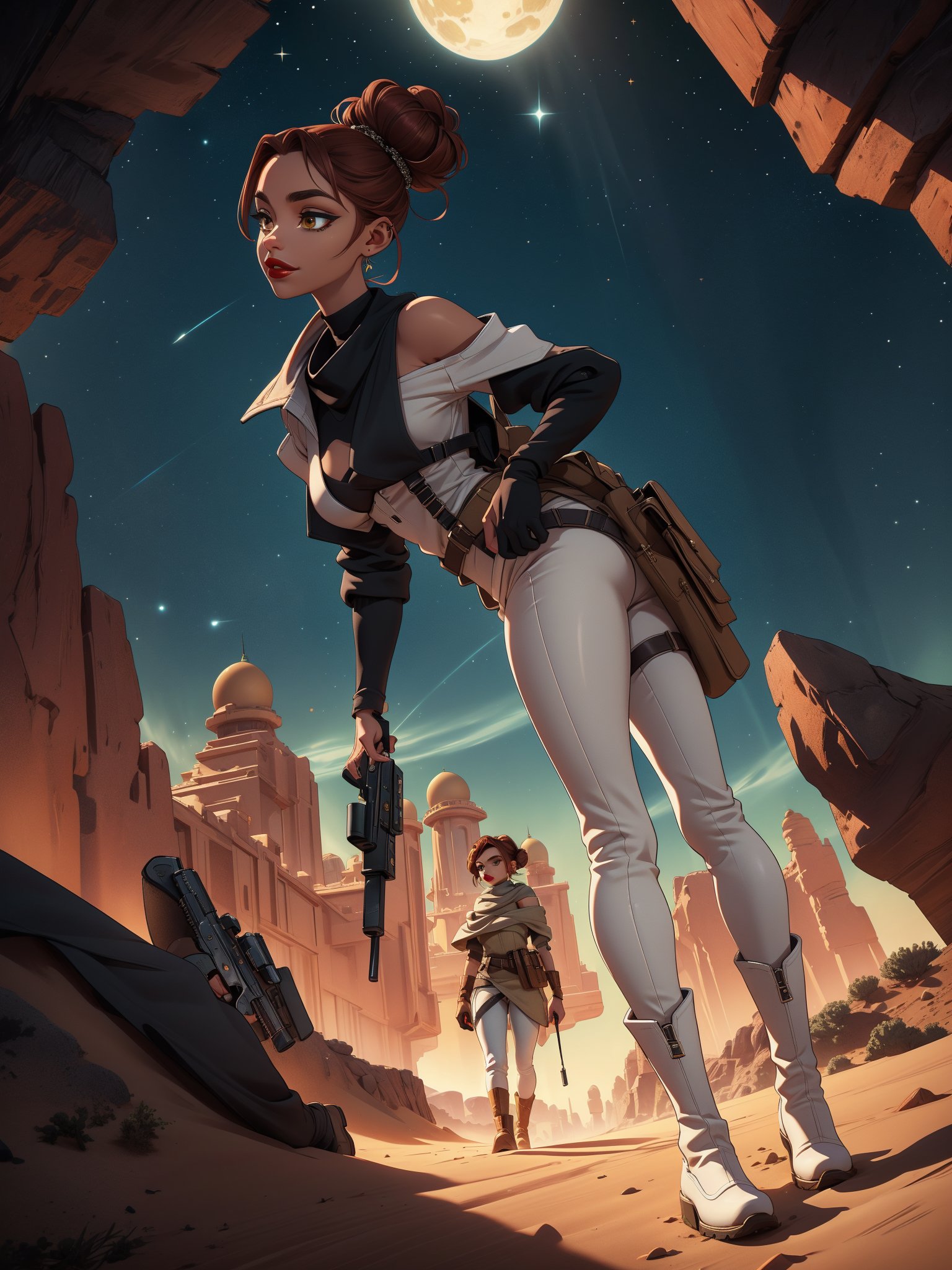 Ariona S, walking confidently in the desert city of Mos Espa, Tatooine. She's dressed to impress in an off-the-shoulder white shirt, dark grey leather pants, and a black suit vest, with a brown holster on her right side and dark brown boots. Her red hair is tied back in a bun, framing her beautiful face with perfect features and piercing hazel eyes. A subtle smirking smile plays on her lips, adorned with bright red lipstick and delicate eyeliner.

In the background, the ultra-detailed desert scenery stretches out into the night, with dramatic rim lighting casting long shadows across the sand. The high-contrast lighting accentuates the textures of the terrain, creating a sense of depth and dimensionality. In the distance, the starry night sky twinkles like diamonds against the dark blue canvas.

In her right hand, she expertly holds a hand gun, adding to the overall sense of danger and allure. The atmosphere is charged with tension, as if she's always ready to smuggle something valuable under the cover of darkness.