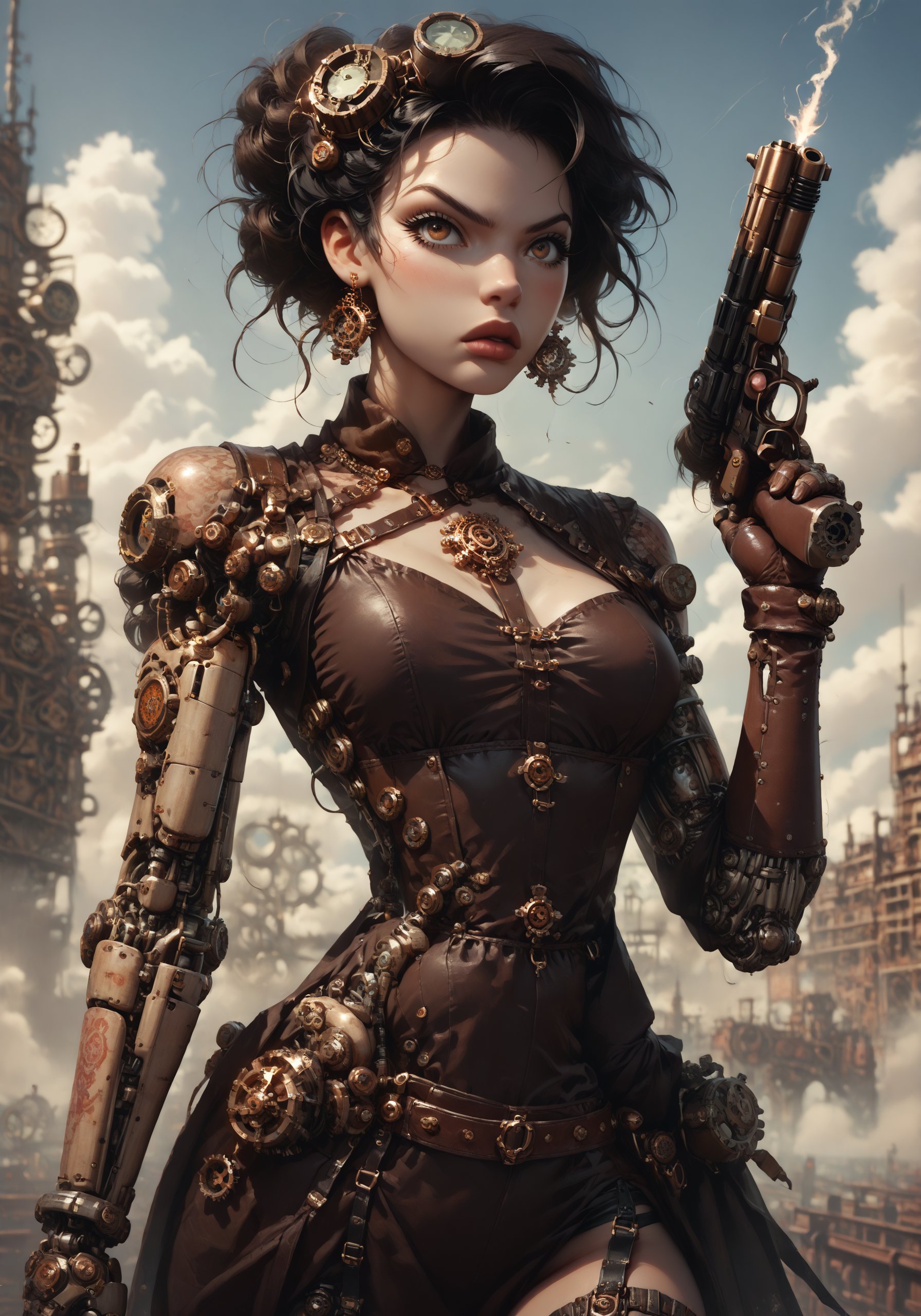 score_9_up score_8_up score_7_up, 1girl,  medium black hair, hazel eyes, cyborg steampunk hybrid, android, (mechanical arms, mechanical legs, cyborg, prosthesis),(holster,harness, two steampunk handguns), intricate corset, pointed handguns, action, action_pose, viewed_from_side, depth_of_field, detailled background, steampunk city, dystopian city, clear blue Sky, steampunk aircraft ,DonMSt34mPXL, steampunk