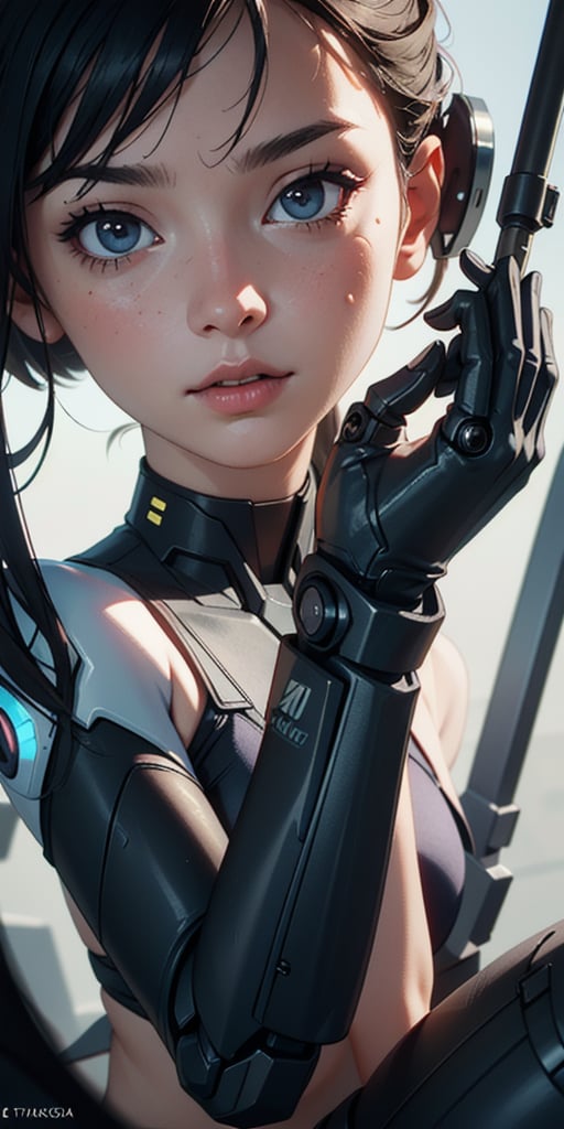 ((best quality)), ((masterpiece)), ((realistic)), (detailed) illustration photographic , a sci-fi character in a transparent latex bikini with robotic limbs, in a cyberpunk setting, cyborg, implants, high details, realistic, photorealism, 8k, perfect composition, hd octane render ,high resolution scan, masterpiece, hyperrealism, delicate detailed complex, highly detailed, intricate detailed, volumetric lighting, light reflection, highly detailed concept art, trending on artstation, vivid colors, (((close up face shoot))), dim lights, 8k uhd, realistic, Nikon z9, raytracing, focus face, (sharpness)